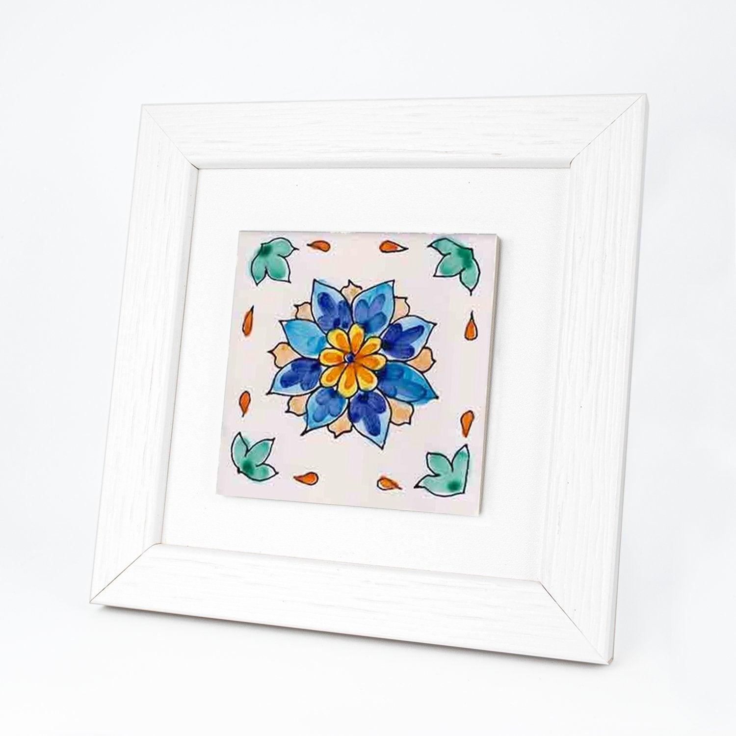 Quadretto in Legno con Piastrella Maiolica in Gres Porcellanato e Cornice Bianca Quadrata