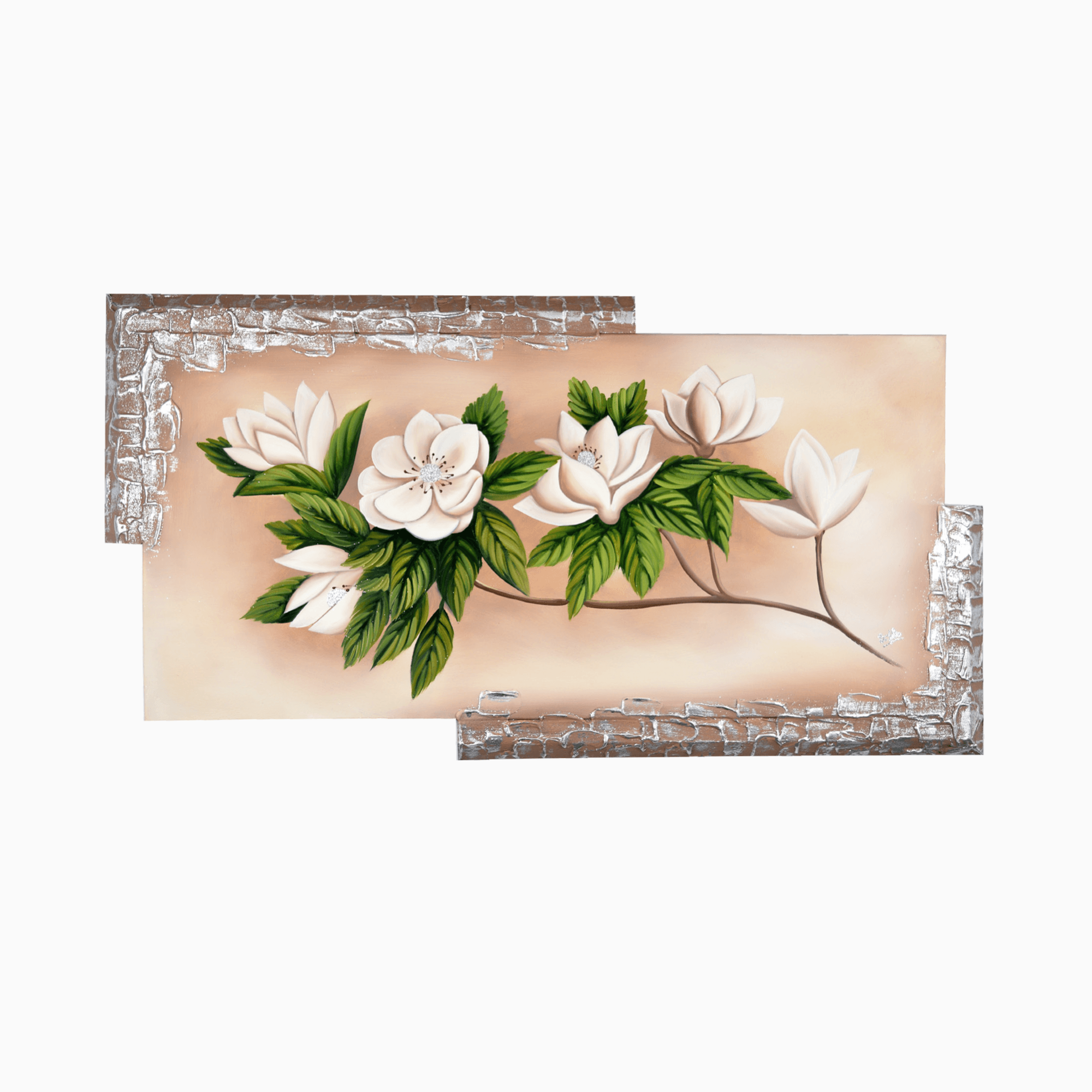 Quadro Fiori su Rami Stuccato a Mano con Riporti Argento- Quadro 100% made in Italy- Quadri in Tela Albalu Bomboniere