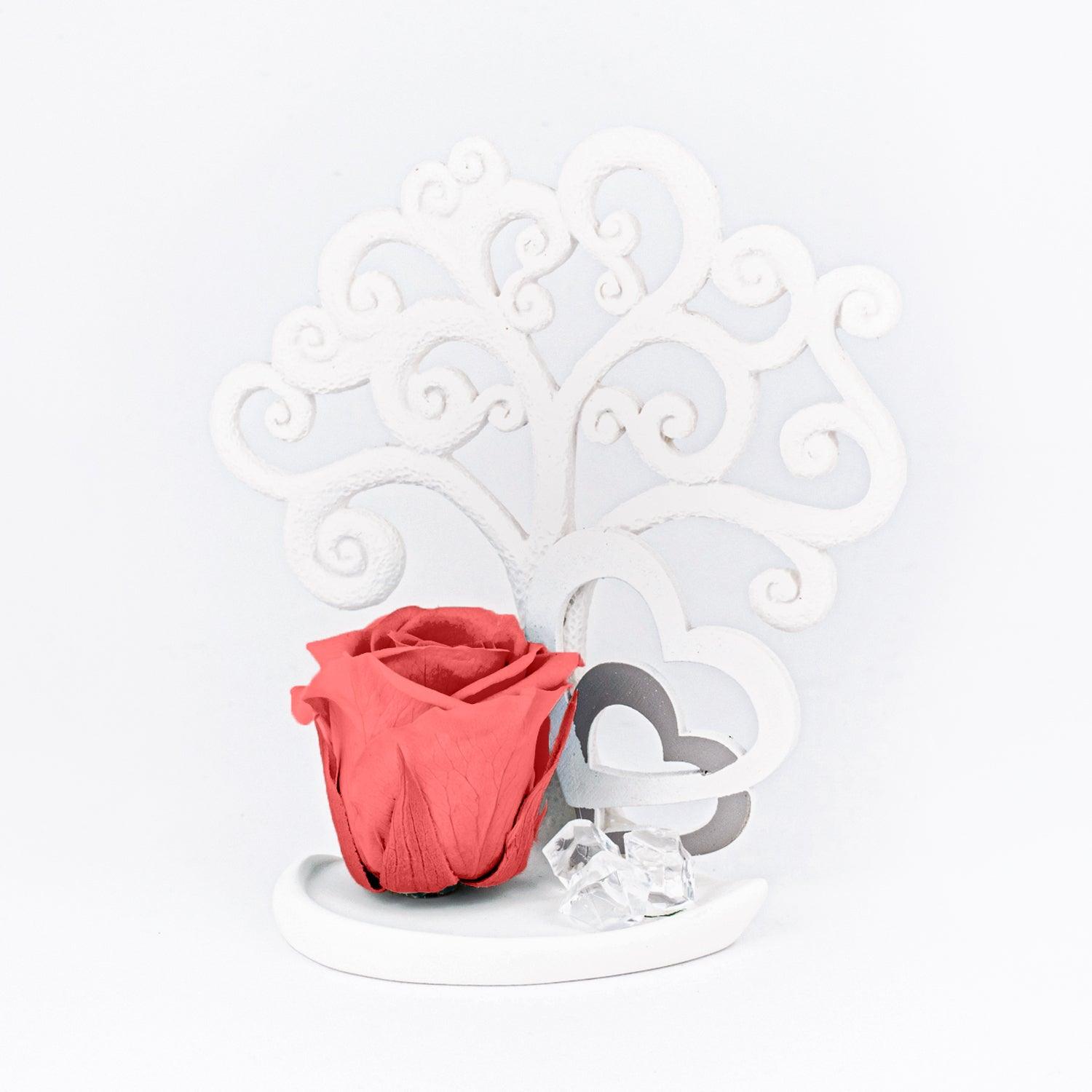 Rosa Stabilizzata su Albero della Vita in Resina con Cuori in Gesso