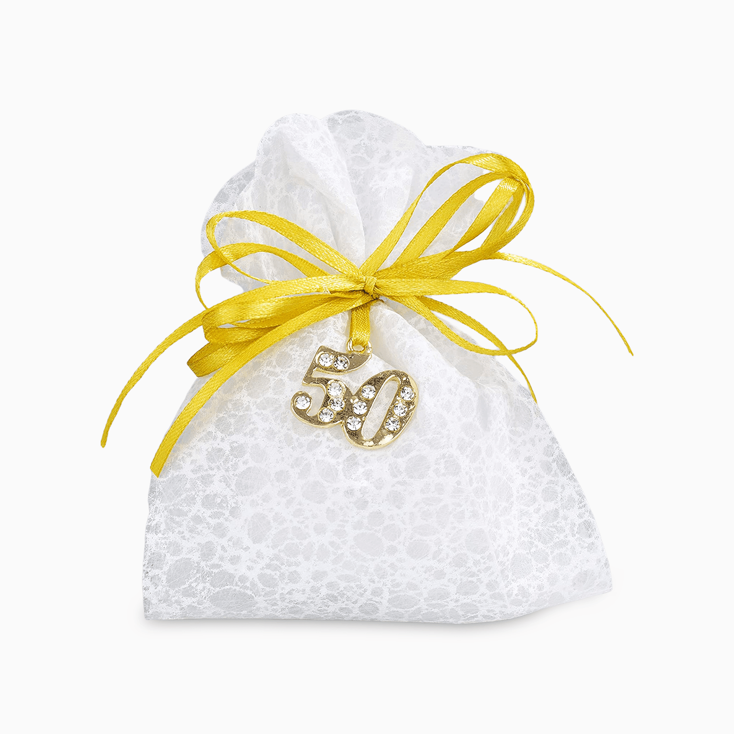 Sacchetto Portaconfetti Bianco in Tessuto Ricamato con Nastro Giallo e Applicazione Numero 50 Oro con Strass e 5 Confetti Crispo al Cioccolato Portaconfetti Albalu Bomboniere