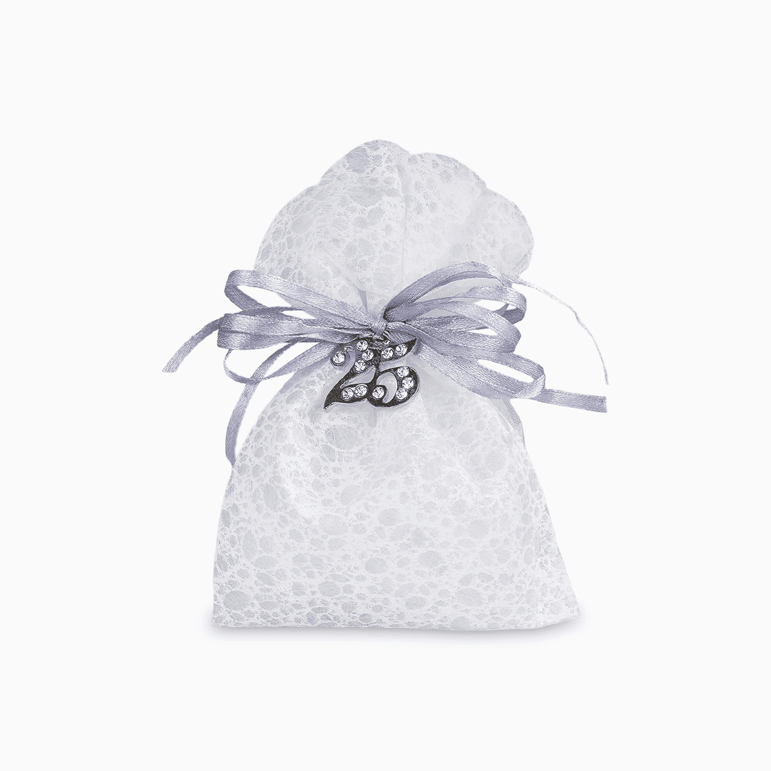 Sacchetto Portaconfetti Bianco in Tessuto Ricamato con Nastro Grigio e Applicazione Numero 25 Argento con Strass e 5 Confetti al Cioccolato Portaconfetti Albalu Bomboniere