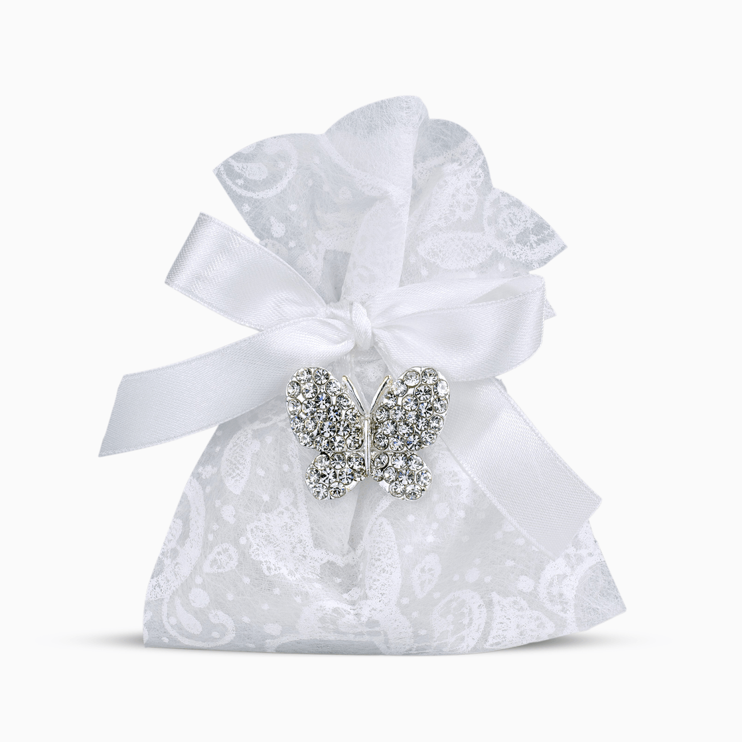Sacchetto Portaconfetti  Bianco in Tessuto Ricamato con Nastro e Applicazione Farfalla con Strass e 5 Confetti Crispo al Cioccolato Portaconfetti Albalu Bomboniere