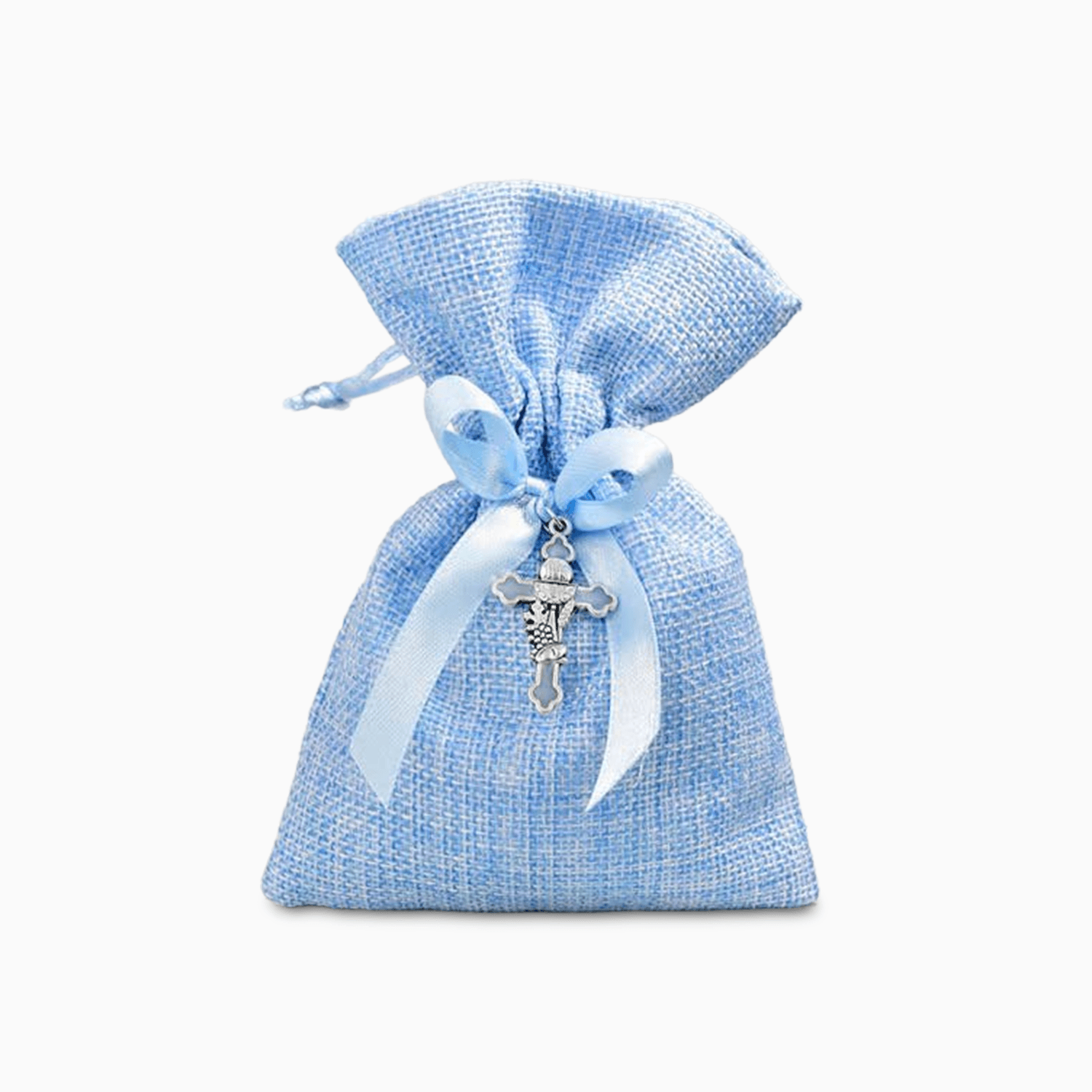 Sacchetto Portaconfetti in Juta Celeste con Nastro Azzurro e Applicazione Crocifisso in Zama Argentata Portaconfetti Albalu Bomboniere
