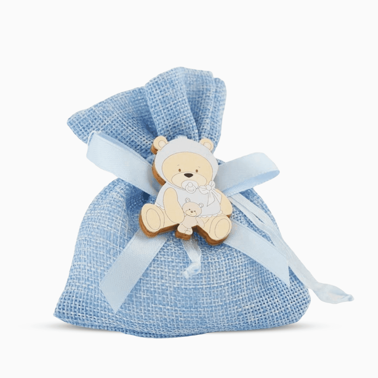 Sacchetto Portaconfetti in Juta Celeste con Nastro Azzurro e Applicazione Orsetto in Legno Sagomato a Tema Nascita e Battesimo Portaconfetti Albalu Bomboniere