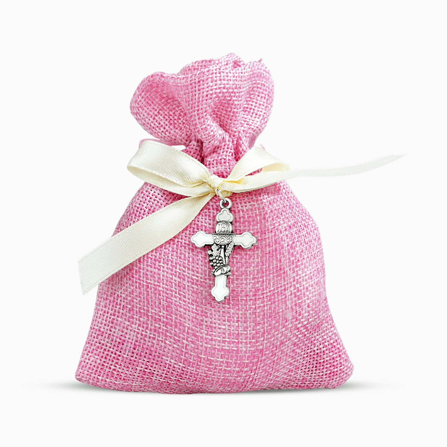 Sacchetto Portaconfetti in Juta Rosa con Nastro Panna e Applicazione Crocifisso Ciondolo con Calice Eucarestia Portaconfetti Albalu Bomboniere