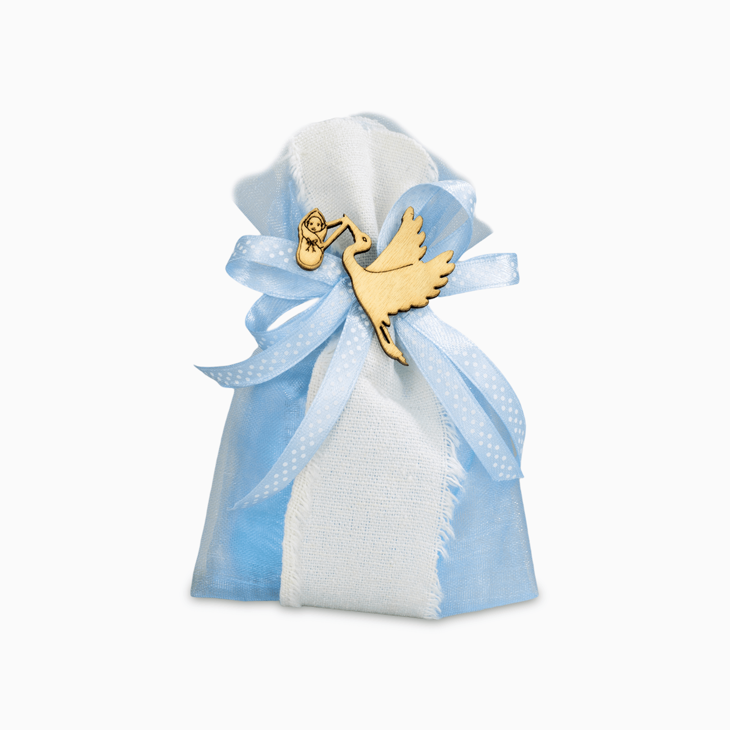 Sacchetto Portaconfetti in Organza Celeste Avvolta in Tessuto Bianco con Nastro Azzurro e Applicazione Cicogna in Legno Sagomato Compreso di 5 Confetti Crispo al Cioccolato Portaconfetti Albalu Bomboniere