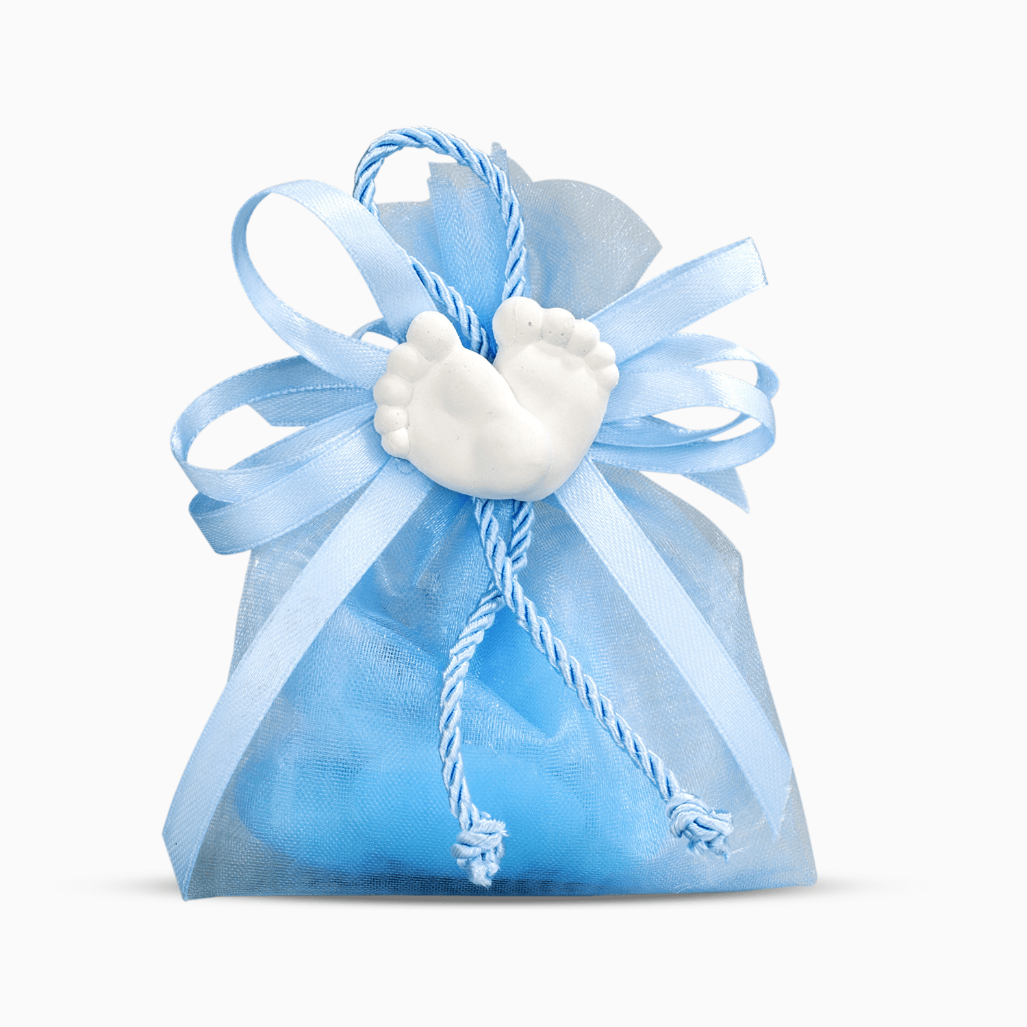 Sacchetto Portaconfetti in Organza Celeste con Nastro Corda Celesti e Applicazione Piedini in Gesso Compreso di 5 Confetti Crispo al Cioccolato Portaconfetti Albalu Bomboniere
