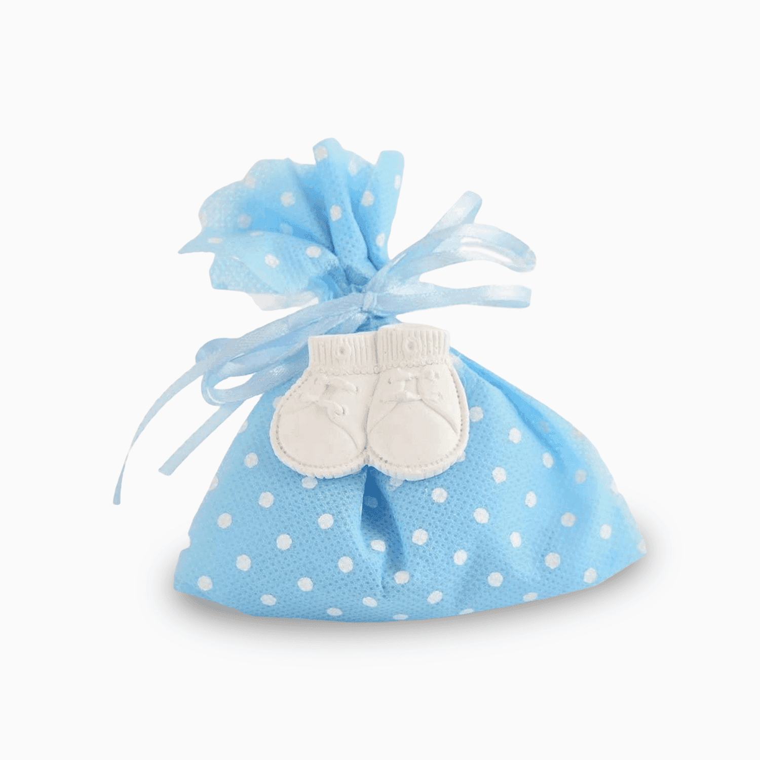 Sacchetto Portaconfetti in Tessuto Celeste a Pois con Nastro Azzurro e Applicazione Scarpette in Gesso Compreso di 5 Confetti Crispo al Cioccolato Portaconfetti Albalu Bomboniere