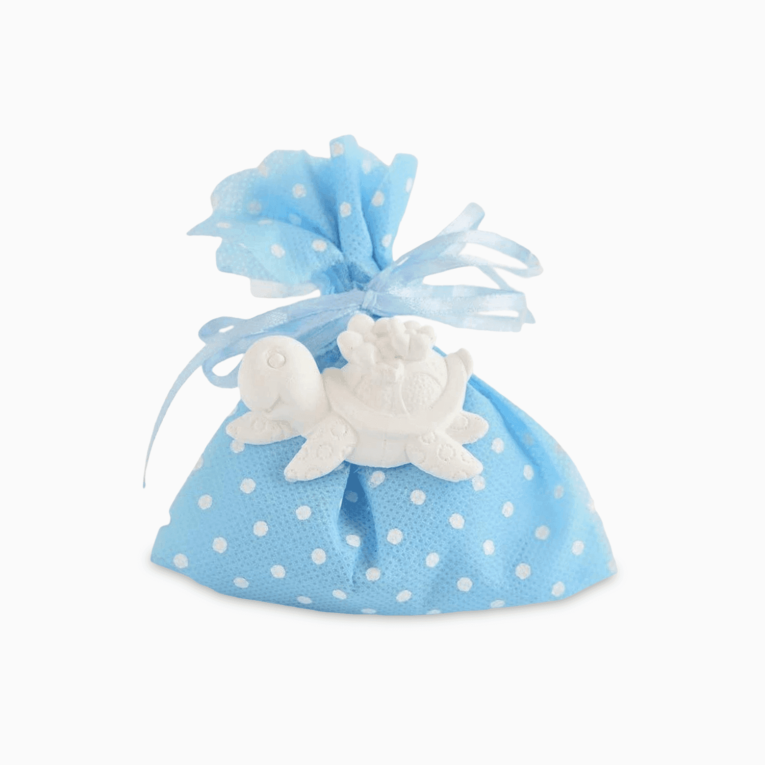 Sacchetto Portaconfetti in Tessuto Celeste a Pois con Nastro Azzurro e Applicazione Tartaruga in Gesso Compreso di 5 Confetti Crispo al Cioccolato Portaconfetti Albalu Bomboniere