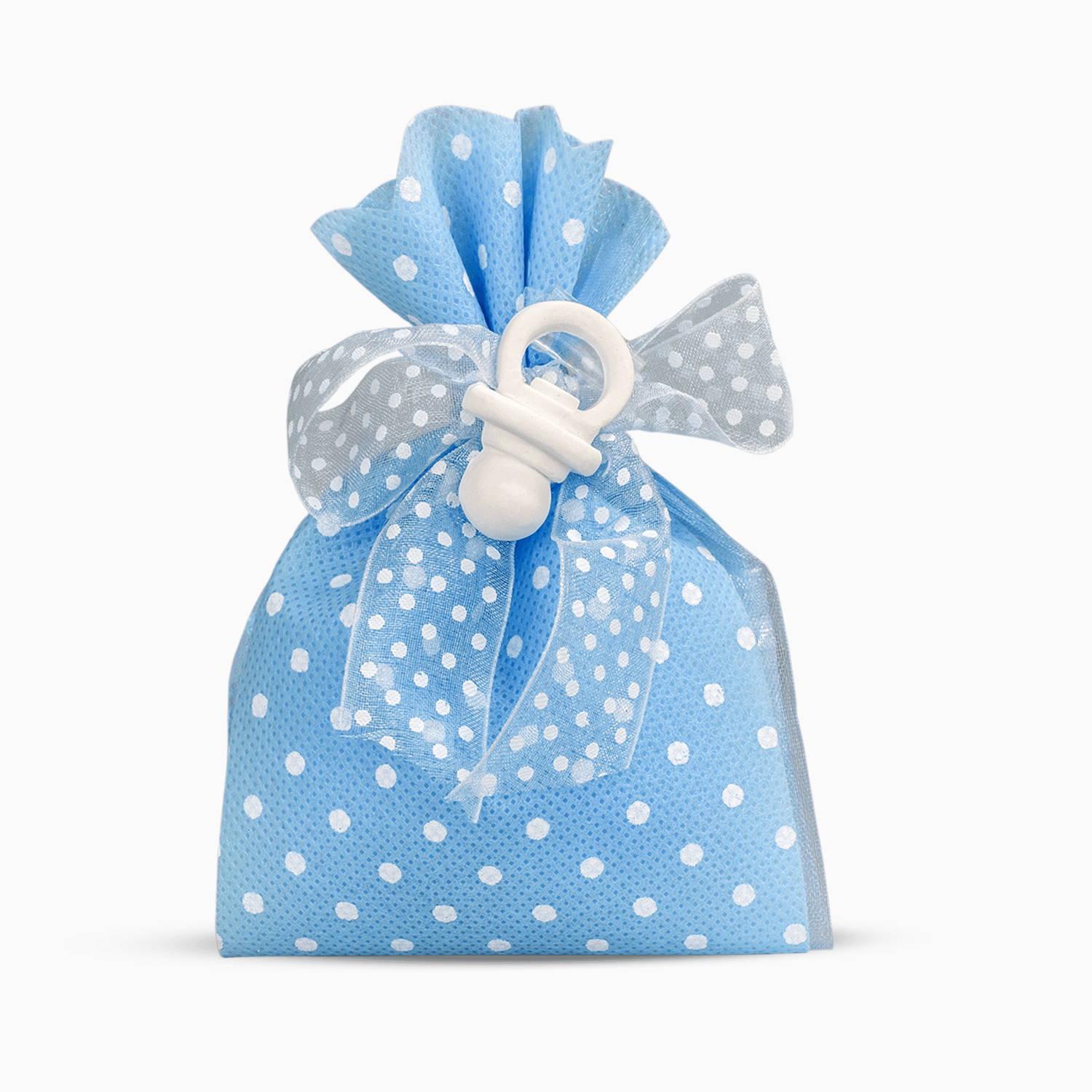 Sacchetto Portaconfetti in Tessuto Celeste a Pois con Nastro Bianco a Pois e Applicazione Ciuccio in Gesso Compreso di 5 Confetti Crispo al Cioccolato Portaconfetti Albalu Bomboniere