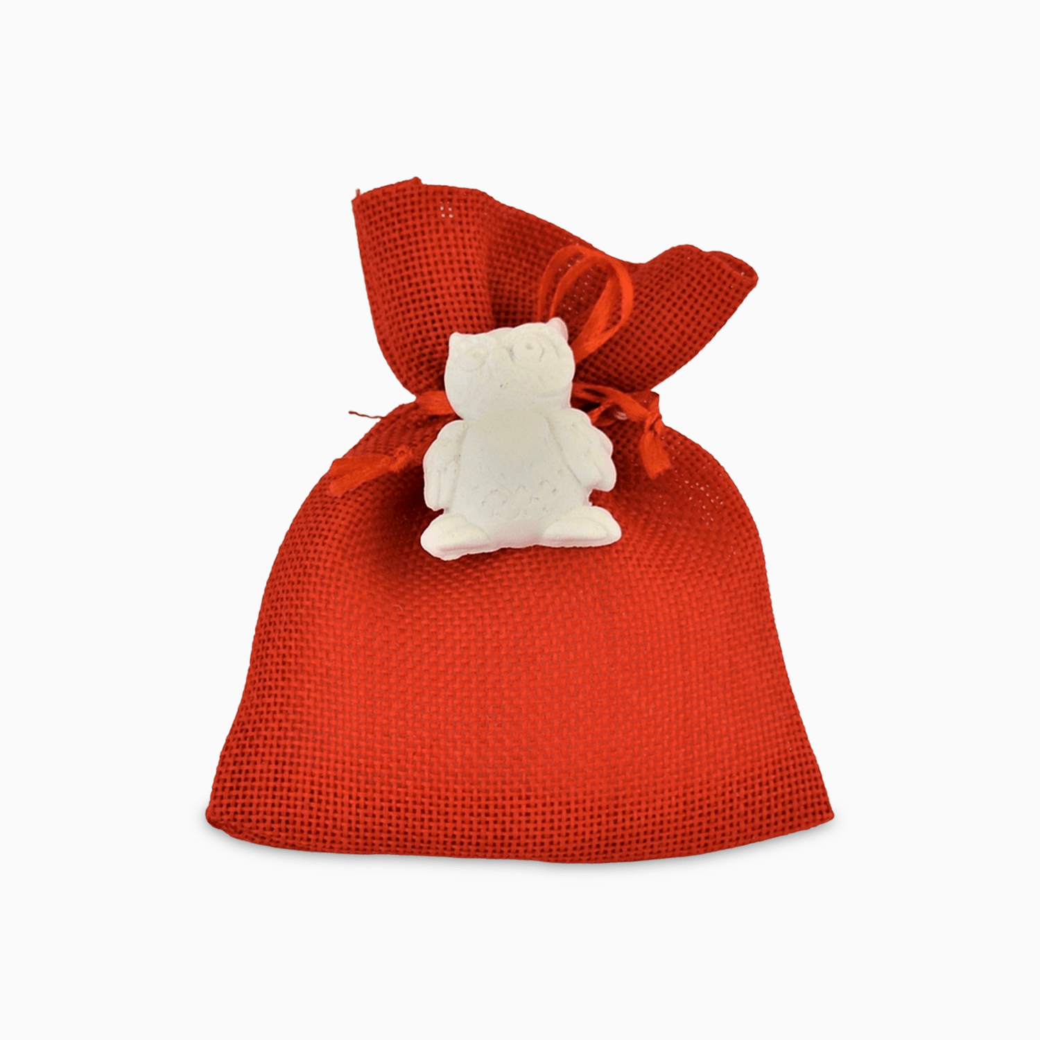 Sacchetto Portaconfetti in Tessuto Rosso con Nastro Rosso e Applicazione Gufo in Resina effetto Gesso Portaconfetti Albalu Bomboniere