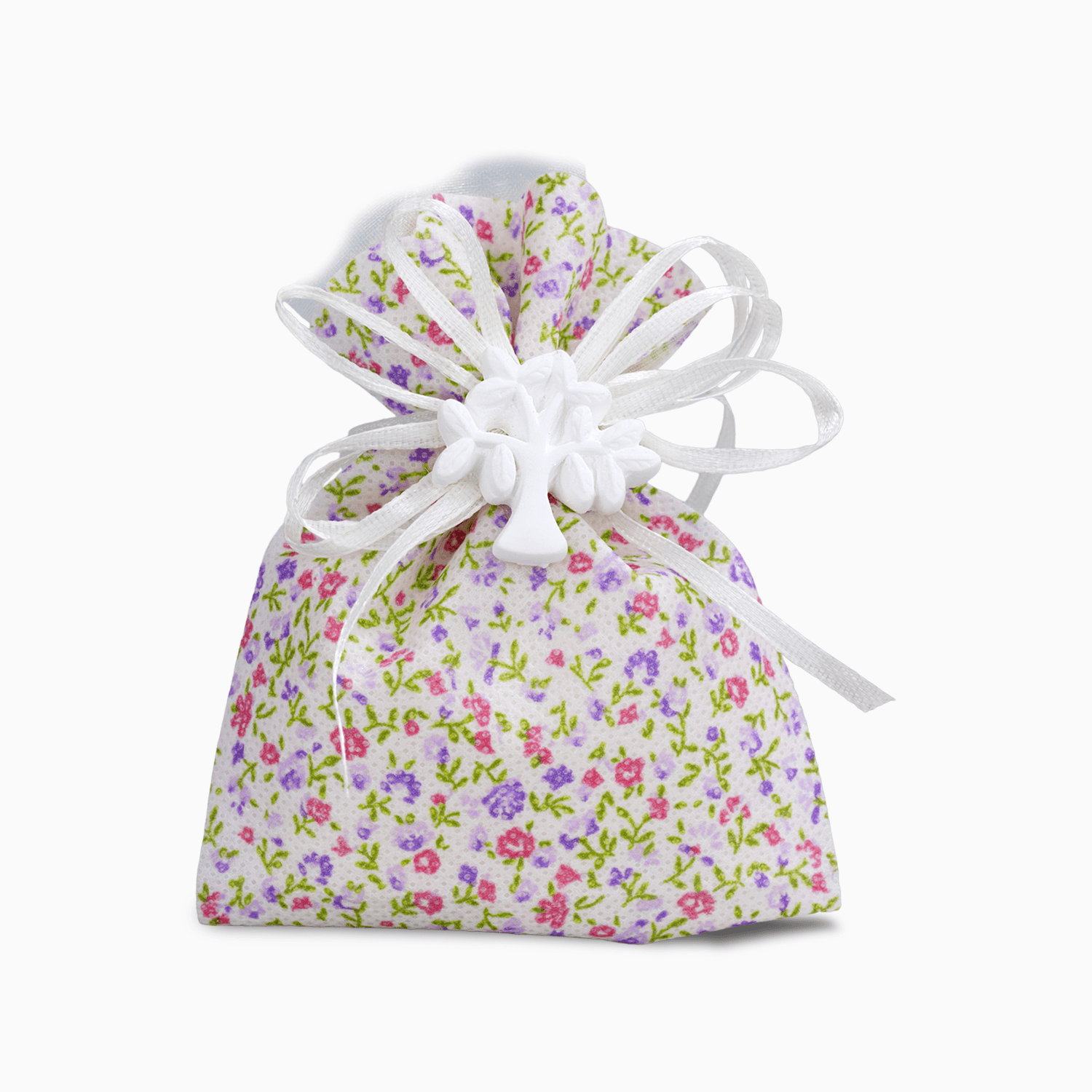 Sacchetto Portaconfetti in Tessuto con Fantasie Fiori Nastro Bianco e Applicazione Albero della Vita in Resina con 5 Confetti Crispo al Cioccolato Portaconfetti Albalu Bomboniere