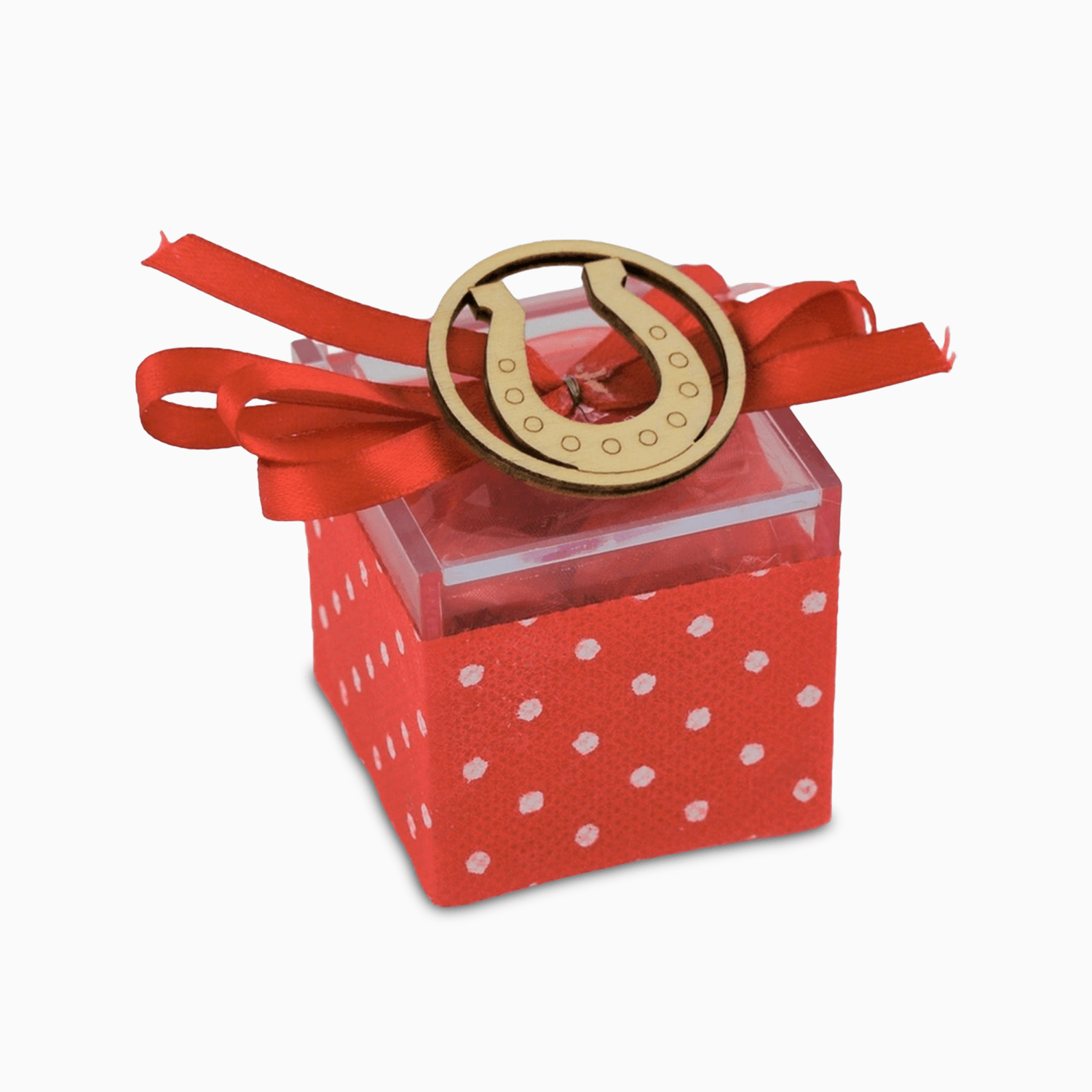 Scatolina Portaconfetti in Plex Rivestita con Tessuto Rosso A Pois e Applicazione in Legno a Ferro di Cavallo con Nastrino Portaconfetti Albalu Bomboniere