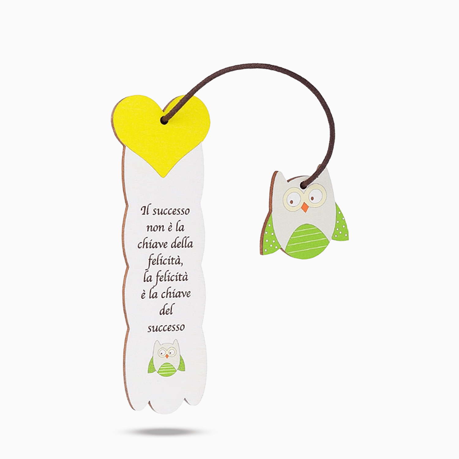 Segnalibro in Legno Sagomato a Forma di Nuvoletta Cuore con Frase a Tema Laurea e Pendaglio Gufo Civetta Legato con Cordino in Caucciù
