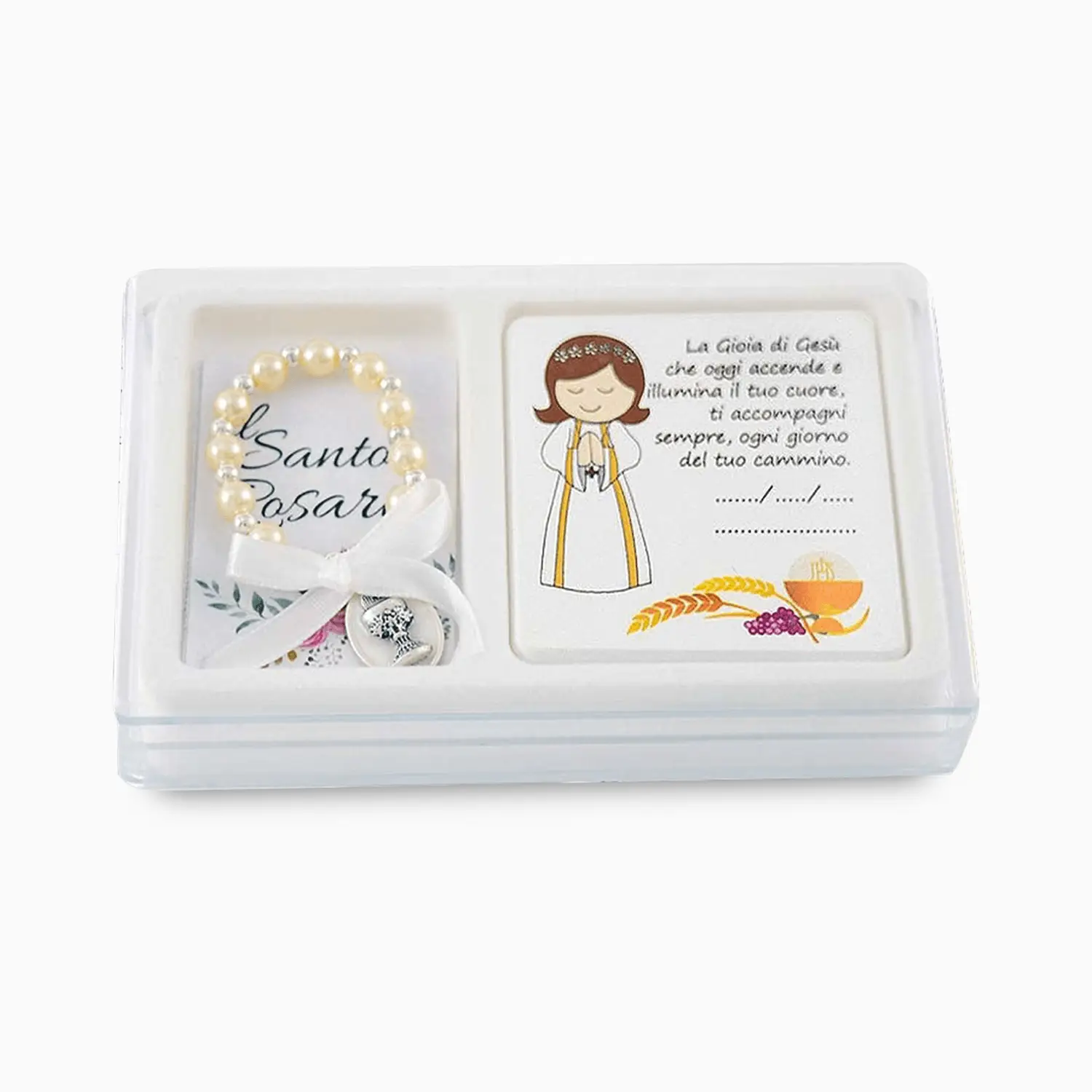 Set Comunione con Icona da Personalizzare a Mano e Braccialetto Rosario con Fiocco Nastro Raso e Pendente Calice Eucarestia