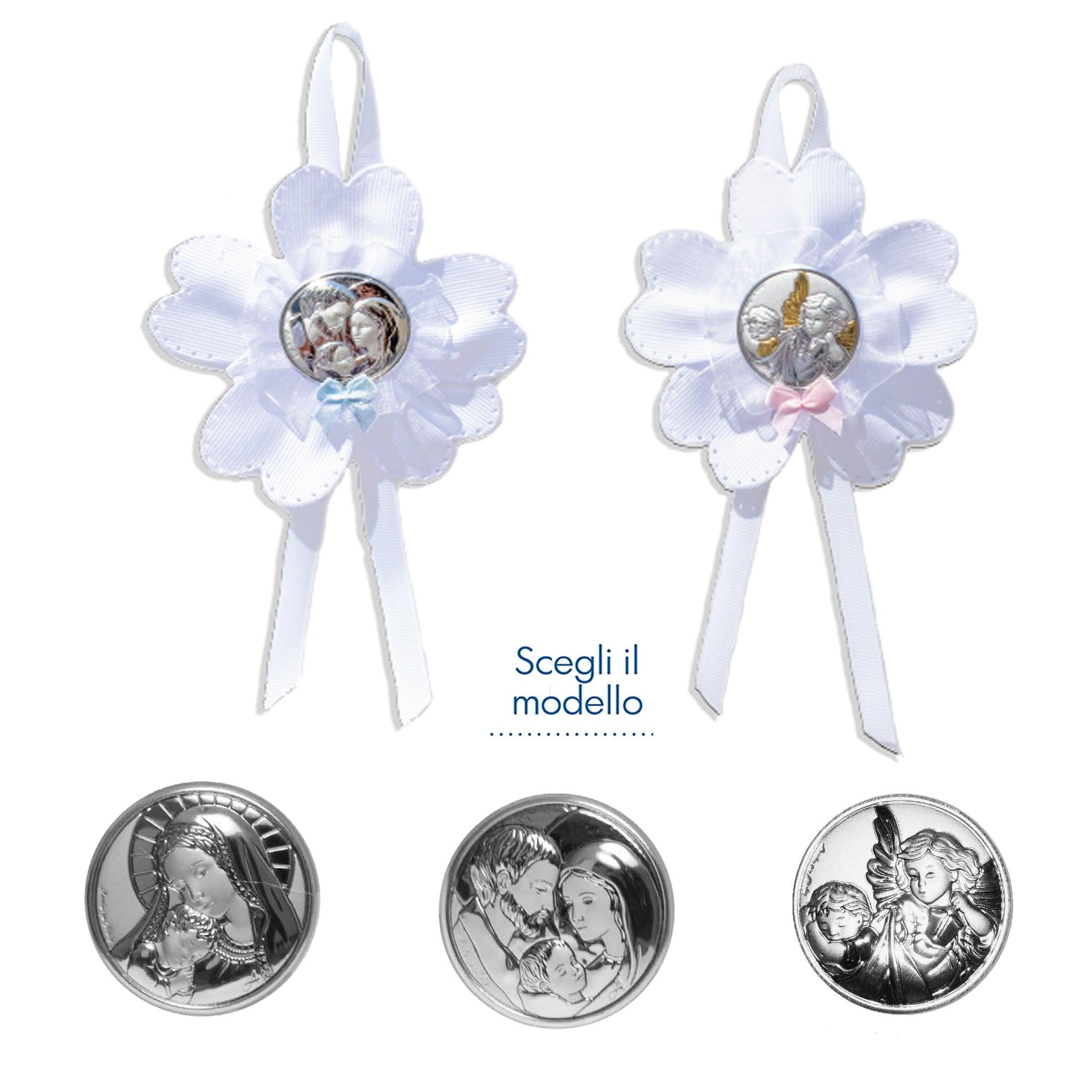 Sopraculla Azzurro o Rosa con Placchetta Sacra in Argento Laminato e Carillon Sopraculla e Nastrini Albalu Bomboniere
