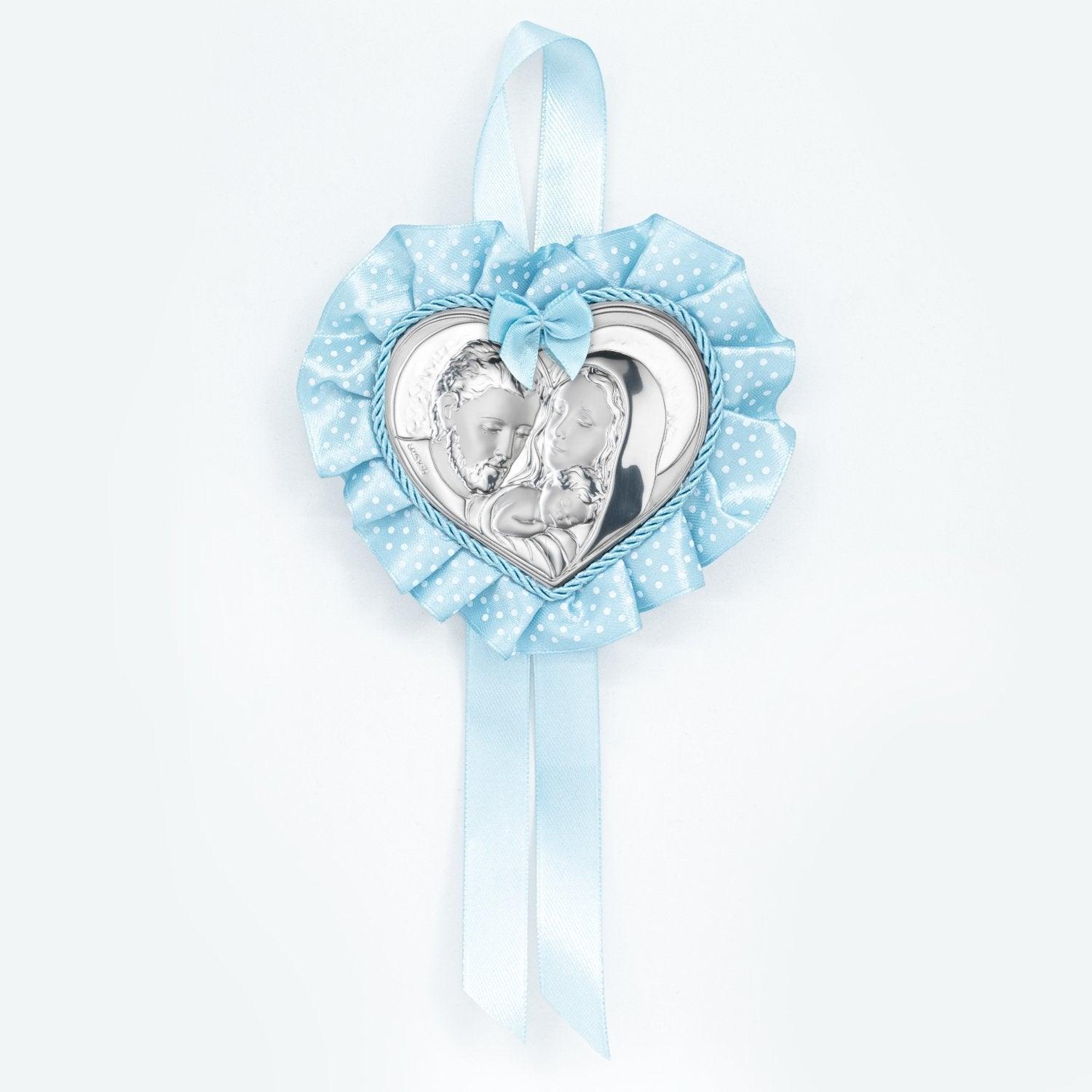 Sopraculla Carillon a Forma di Cuore con Placca in Argento Laminato Sacra Famiglia