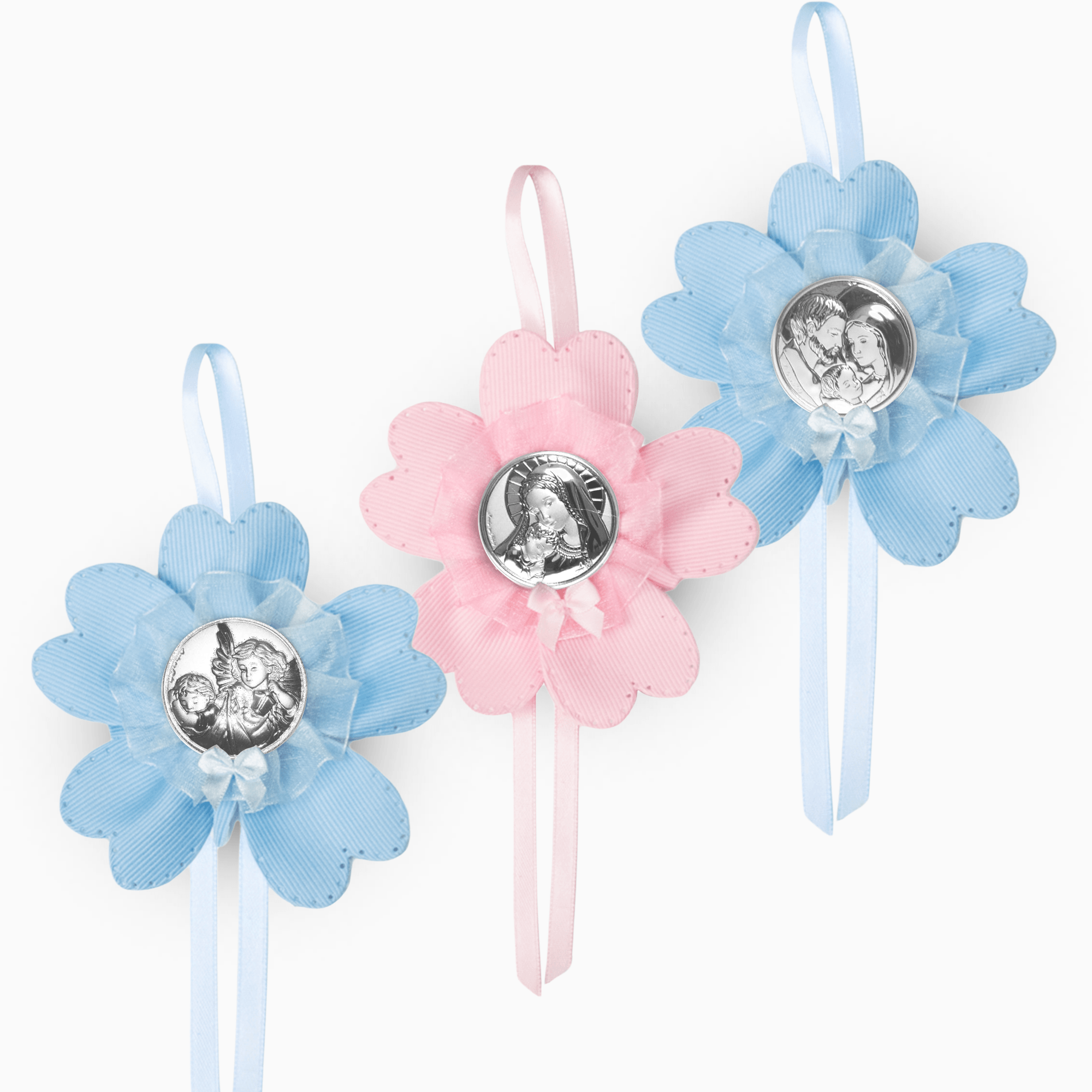 Sopraculla Celeste o Rosa con Placchetta Sacra in Argento Laminato Sopraculla e Nastrini Albalu Bomboniere