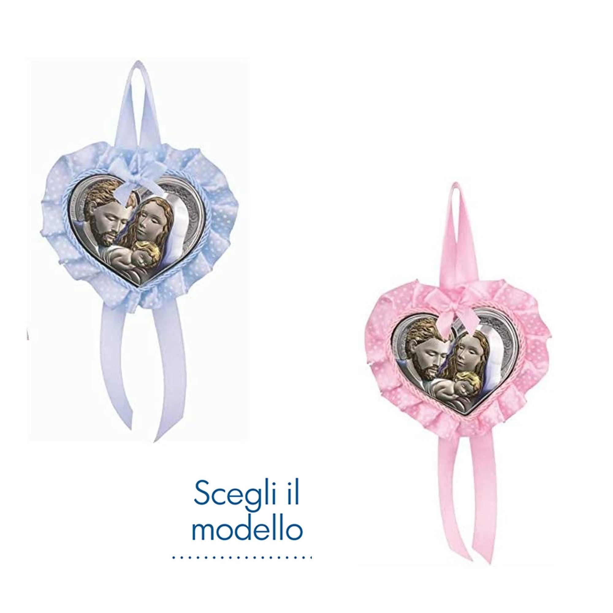 Sopraculla con Cuore Sacra Famiglia Argento Laminato Colorato Sopraculla e Nastrini Albalu Bomboniere