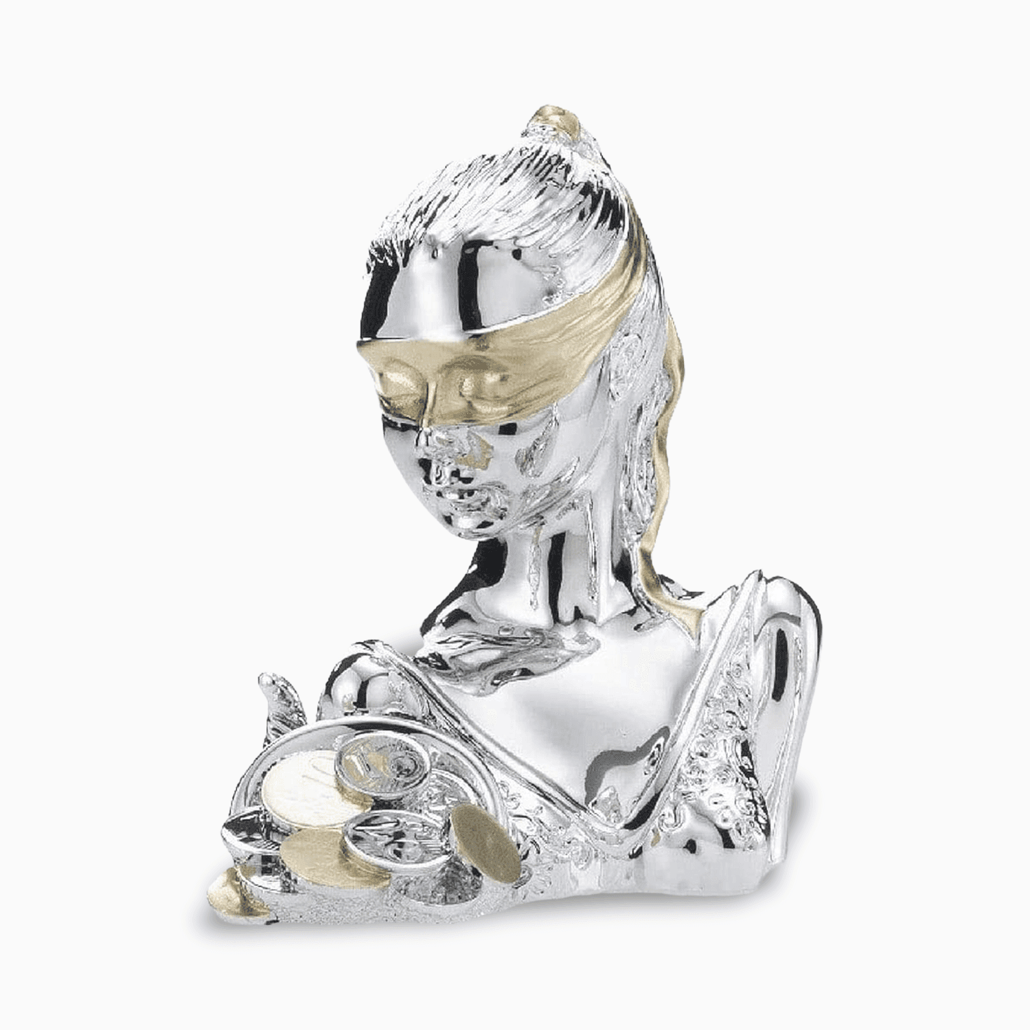 Statua Mezzo Busto della Dea Bendata Portafortuna in Resina Argentata con Cornucopia di Soldi Oro e Argento Resina Argentata Albalu Bomboniere