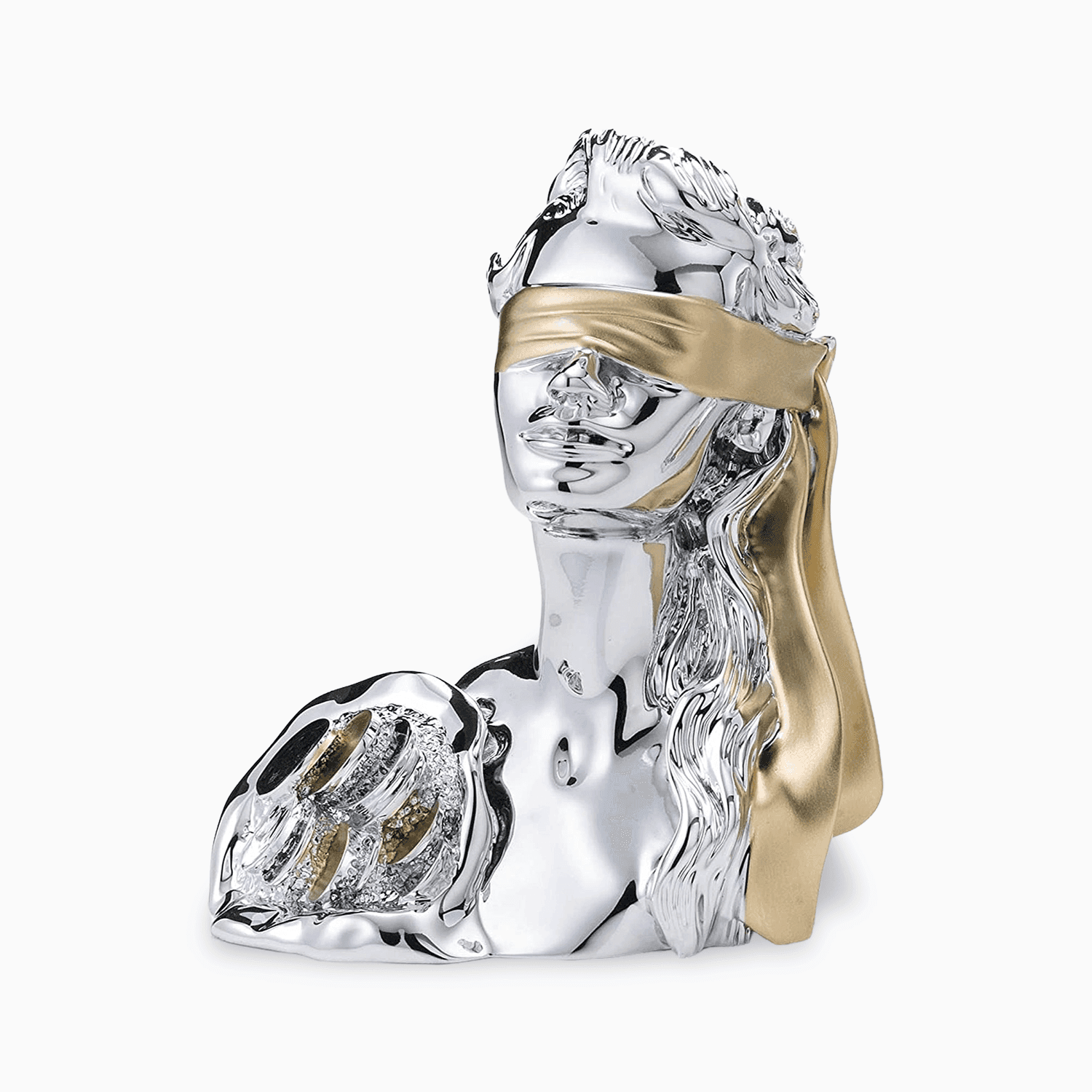 Statua Mezzo Busto della Dea Bendata Portafortuna in Resina Argentata con Sacco di Soldi Oro e Argento Resina Argentata Albalu Bomboniere