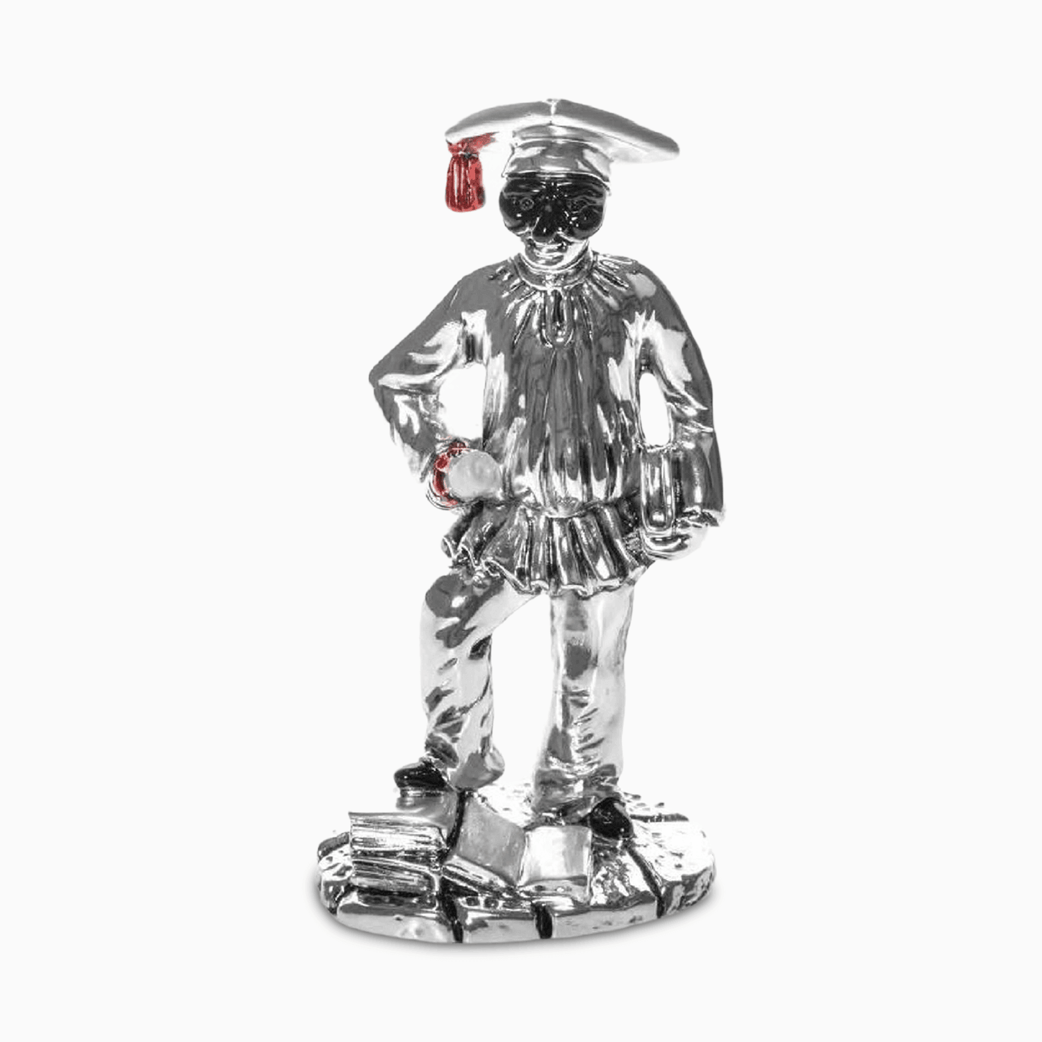 Statua Portafortuna in Resina Argentata Raffigurante Pulcinella con Pergamena Tocco Laurea e Pila di Libri nei Dettagli Rossi Regali Laurea Albalu Bomboniere