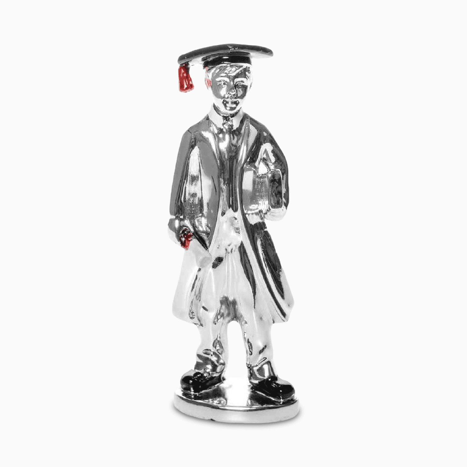 Statua Portafortuna in Resina Argentata Raffigurante un Ragazzo con Tesi Pergamena e Tocco Laurea in Accenti Rossi Regali Laurea Albalu Bomboniere