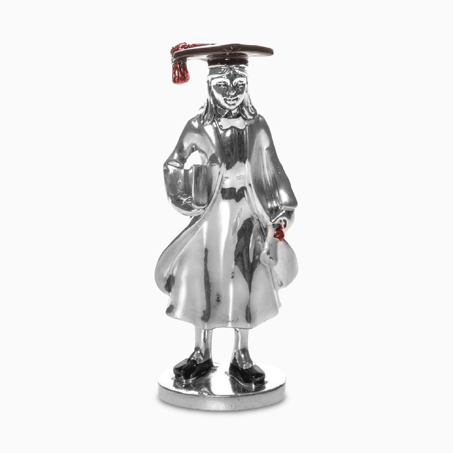 Statua Portafortuna in Resina Argentata Raffigurante una Ragazza con Tesi Pergamena e Tocco Laurea in Accenti Rossi Regali Laurea Albalu Bomboniere