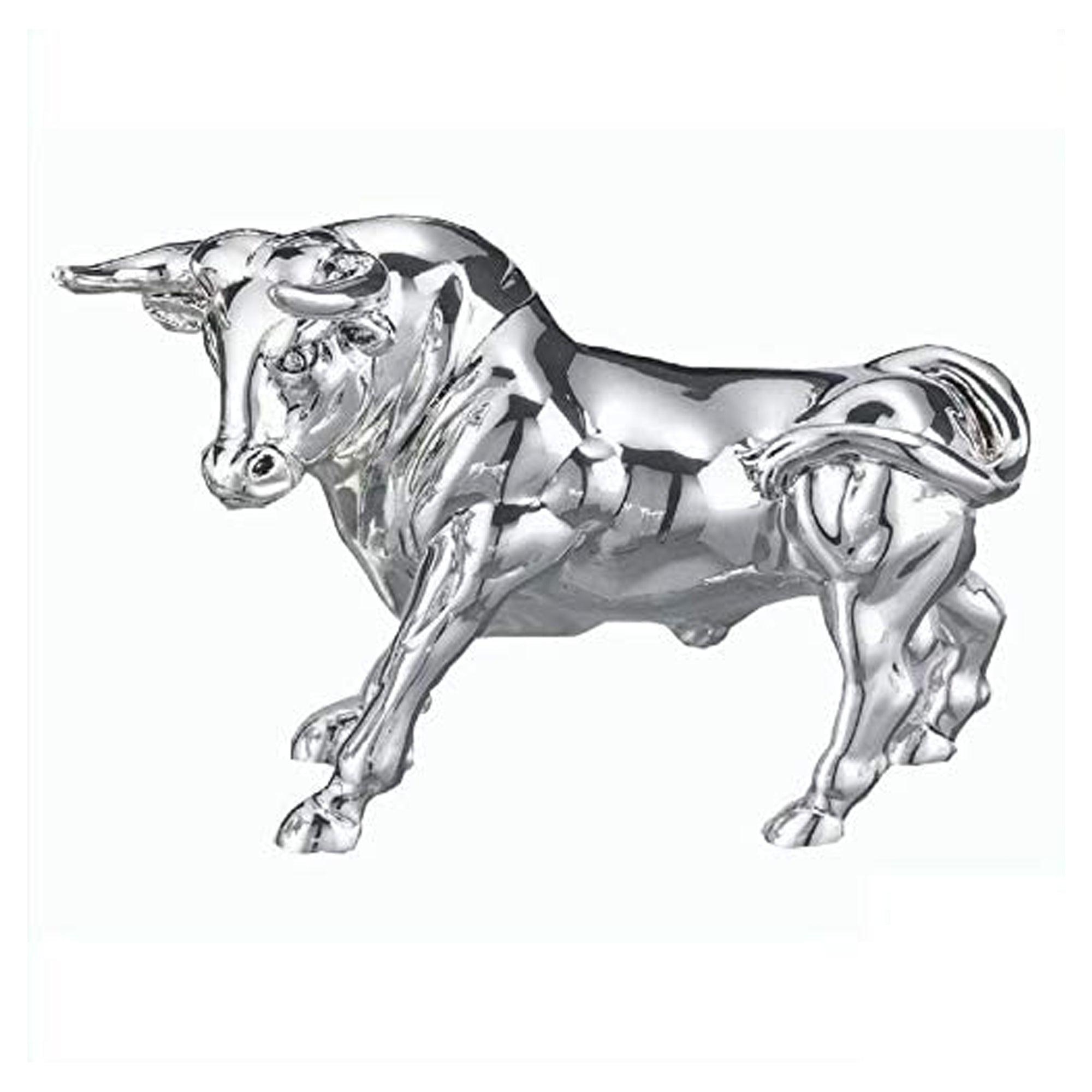 Statua Toro in Resina Argentata Lucida Corrida