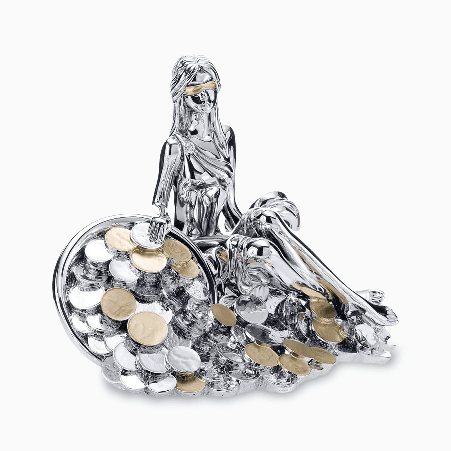 Statua della Dea Bendata Portafortuna in Resina Argentata Distesa su Cornucopia di Soldi Oro e Argento Resina Argentata Albalu Bomboniere