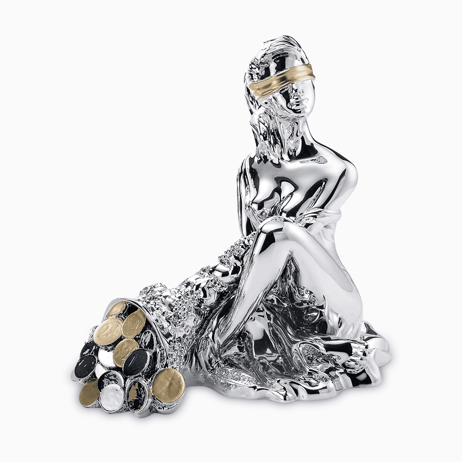 Statua della Dea Bendata Portafortuna in Resina Argentata Seduta con Cornucopia di Soldi Oro e Argento Resina Argentata Albalu Bomboniere