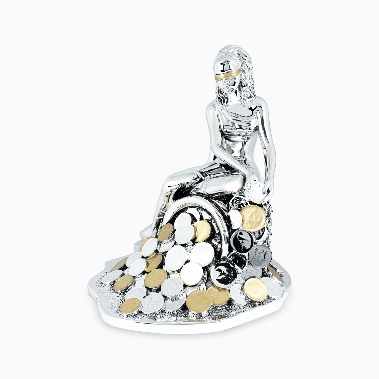 Statua della Dea Bendata Portafortuna in Resina Argentata Seduta su Cornucopia di Soldi Oro e Argento Resina Argentata Albalu Bomboniere