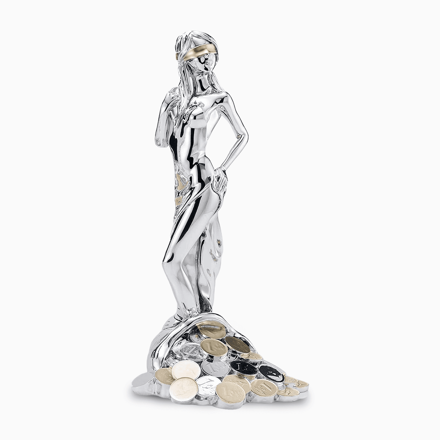 Statua della Dea Bendata Portafortuna in Resina Argentata su Cornucopia di Soldi Oro e Argento Resina Argentata Albalu Bomboniere