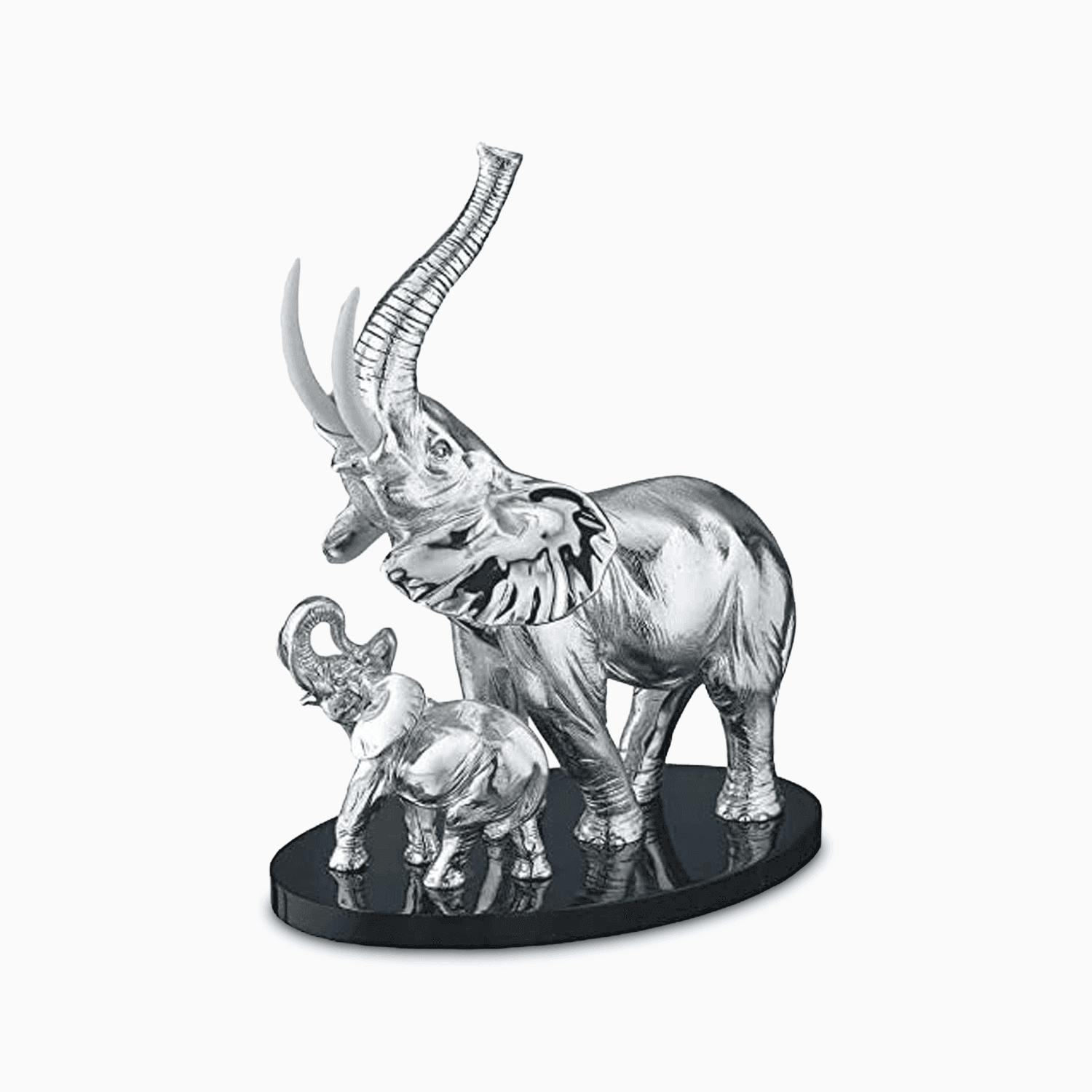 Statuetta Portafortuna in Resina Argentata con Elefante e Cucciolo su Base in Legno Laccato Nero Resina Argentata Albalu Bomboniere