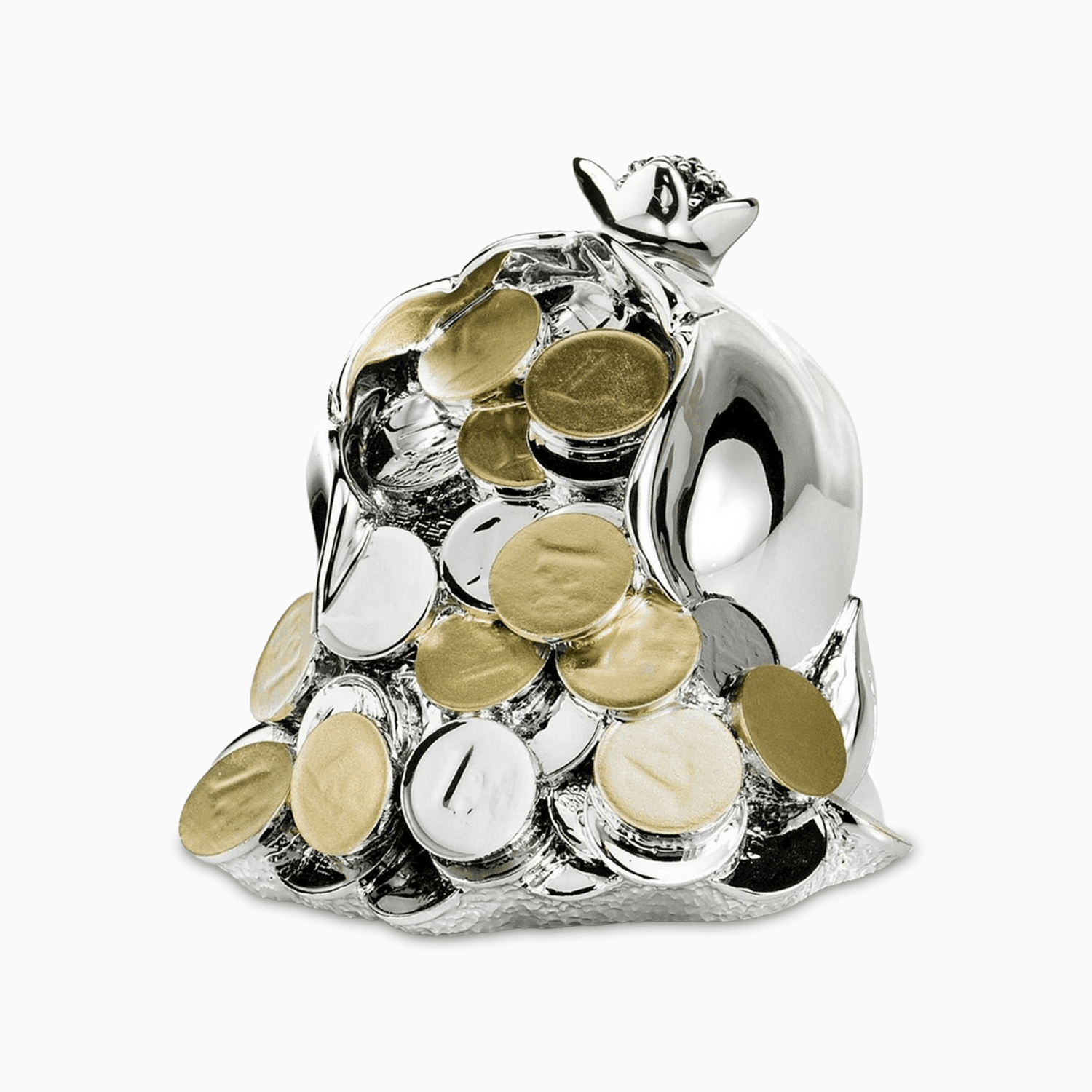 Statuetta in Resina Argentata Raffigurante un Melograno Portafortuna con Soldi in Oro e Argento dimensione Grande Resina Argentata Albalu Bomboniere