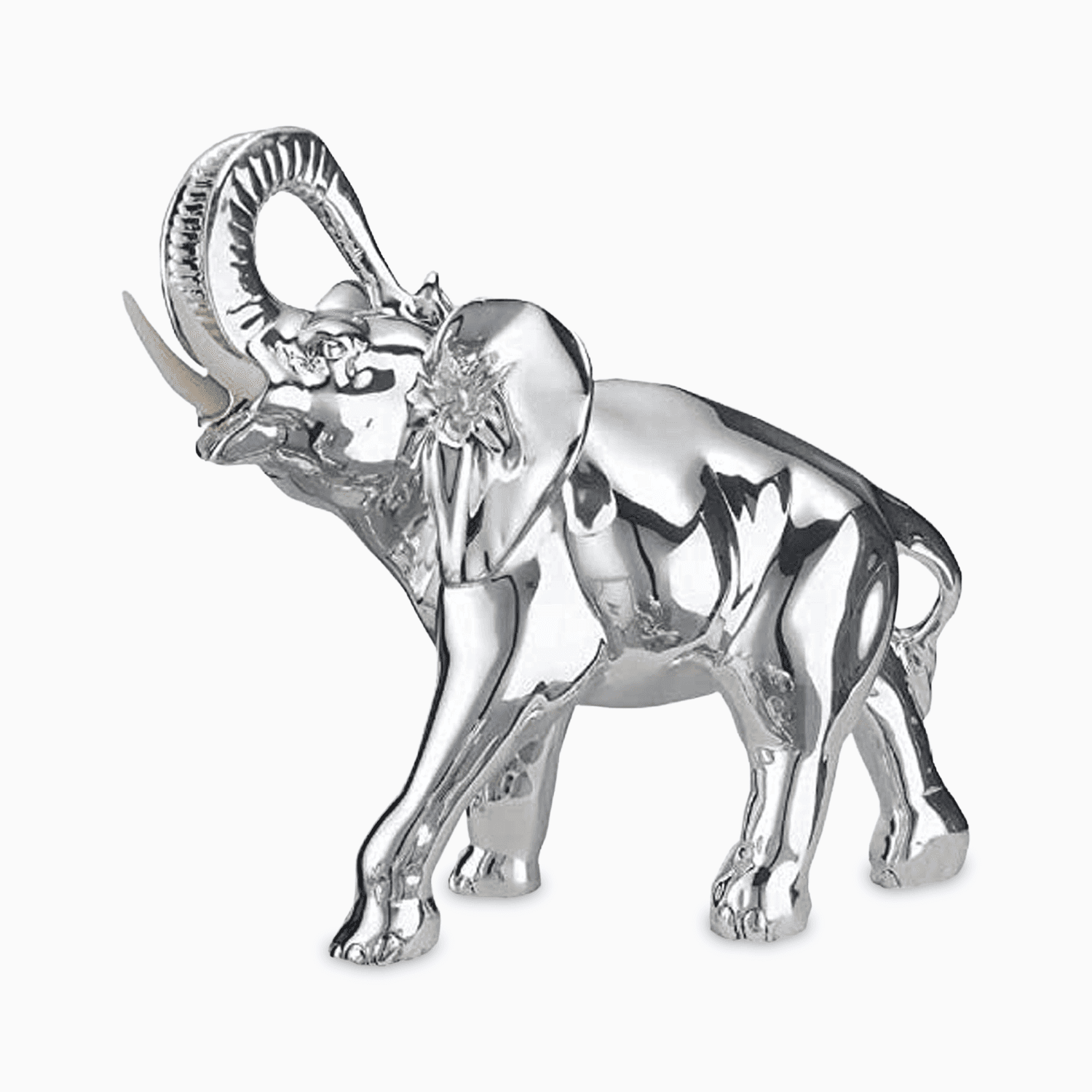 Statuetta in Resina Argentata a Forma di Elefante con Dettaglio delle Zanne Bianco