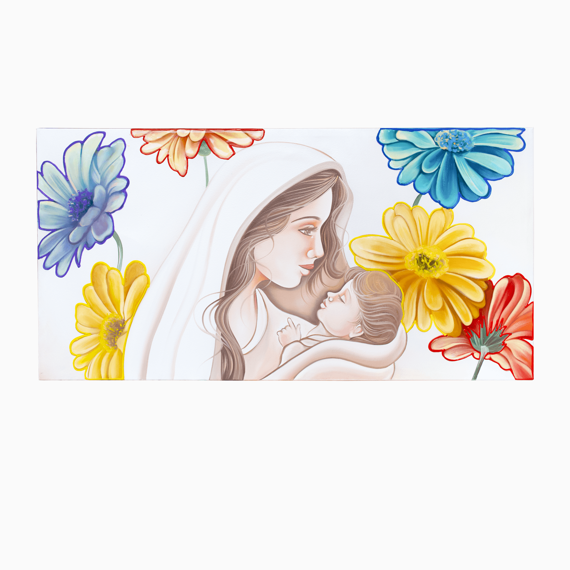 Tela Maternità dipinta a mano con Margherite colorate effetto Resina- Quadro 100% made in Italy- Quadri in Tela Albalu Bomboniere