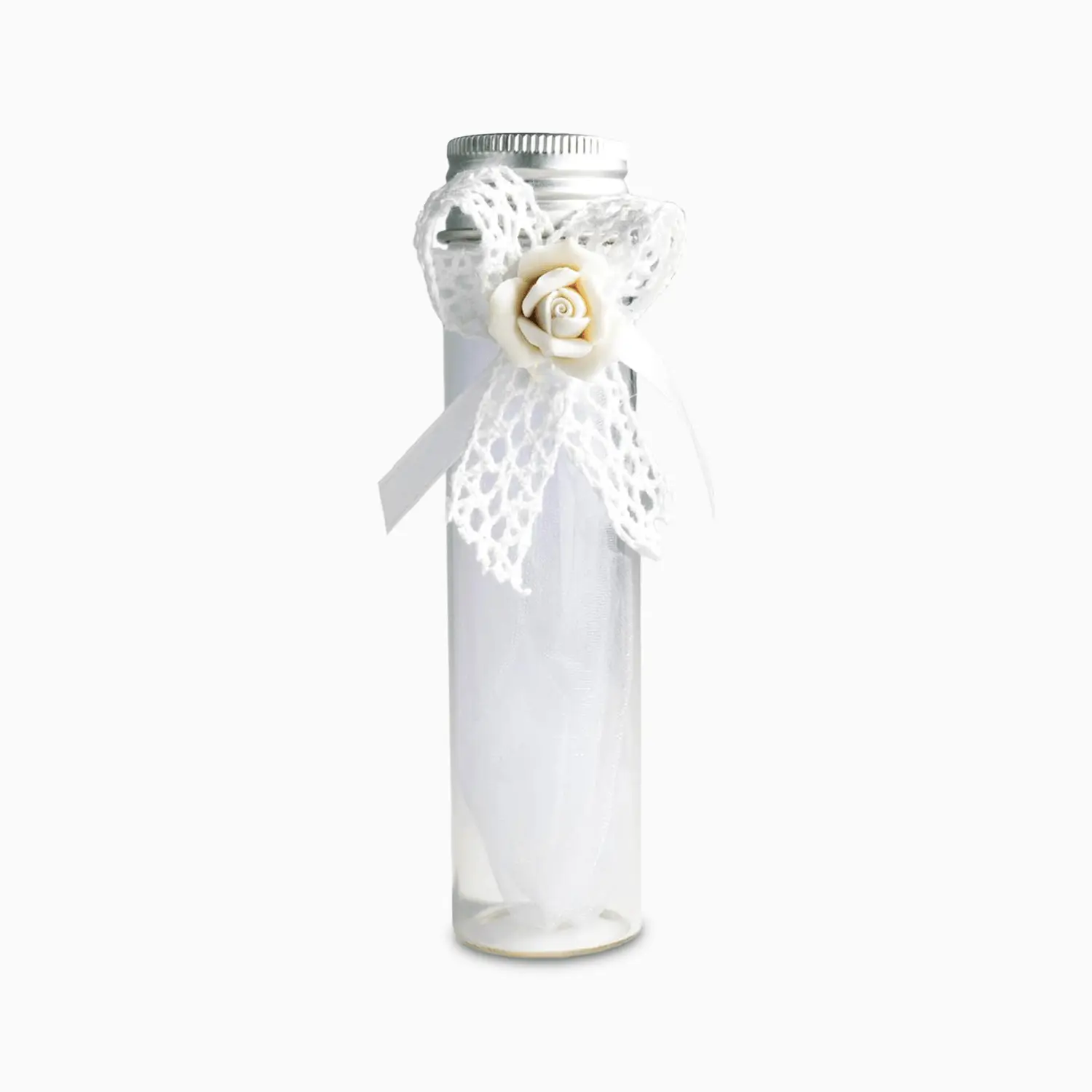 Tubetto Portaconfetti in Vetro con Tappo in Metallo Fiocco Bianco e Applicazione Rosellina Panna Sintetica Portaconfetti Albalu Bomboniere