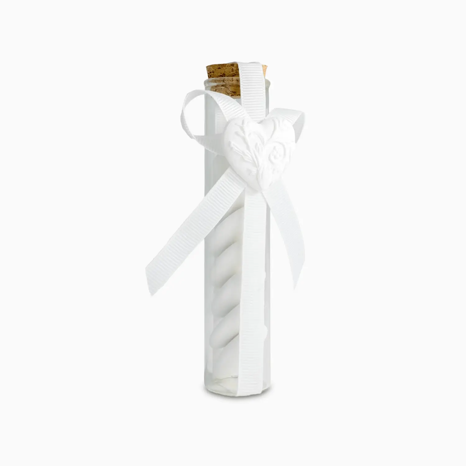 Tubetto Portaconfetti in Vetro con Tappo in Sughero Fiocco Bianco e Applicazione Gessetto Cuore Portaconfetti Albalu Bomboniere