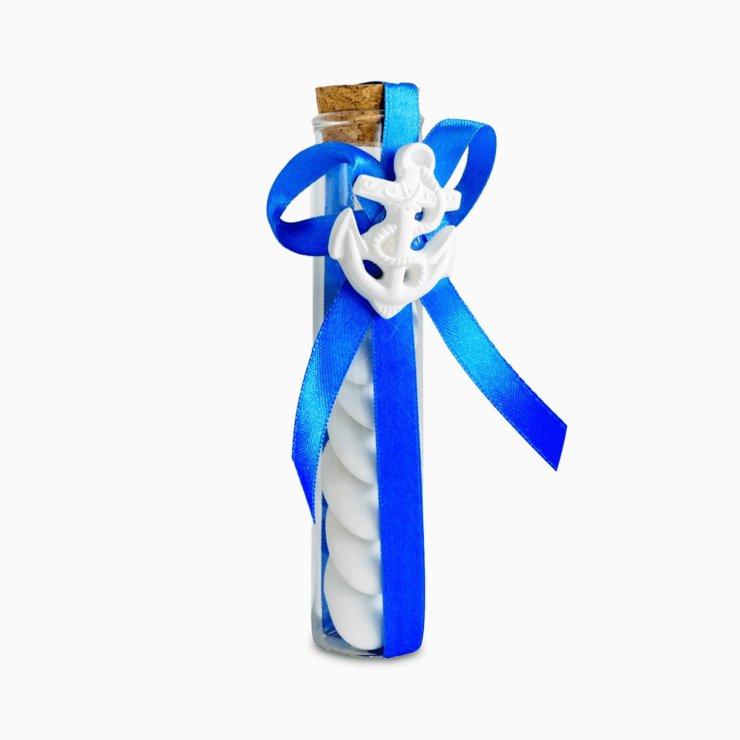 Tubetto Portaconfetti in Vetro con Tappo in Sughero Fiocco Blu e Applicazione Gessetto Ancora Portaconfetti Albalu Bomboniere