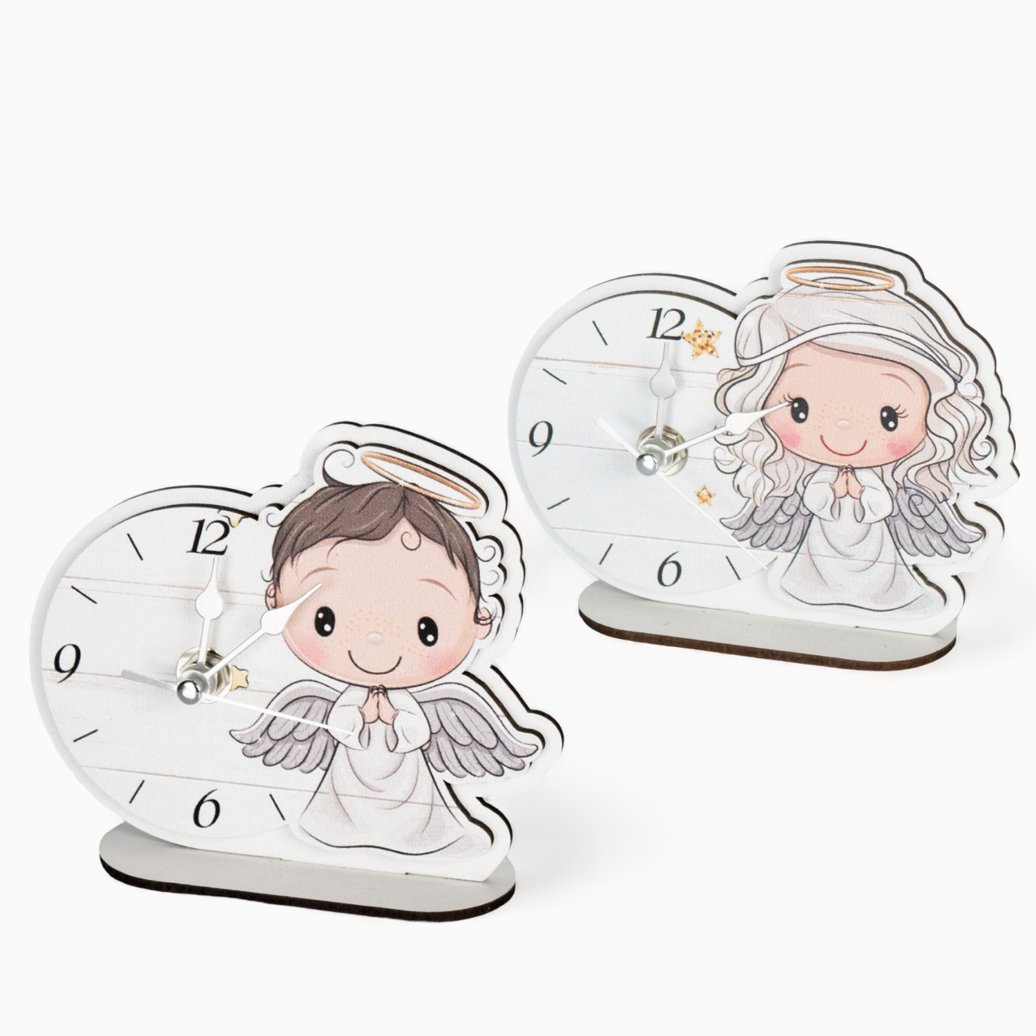 Bomboniera Orologio Angelo Bimba e Bimbo Sagomato Bianco in Legno Orologi Albalu Bomboniere