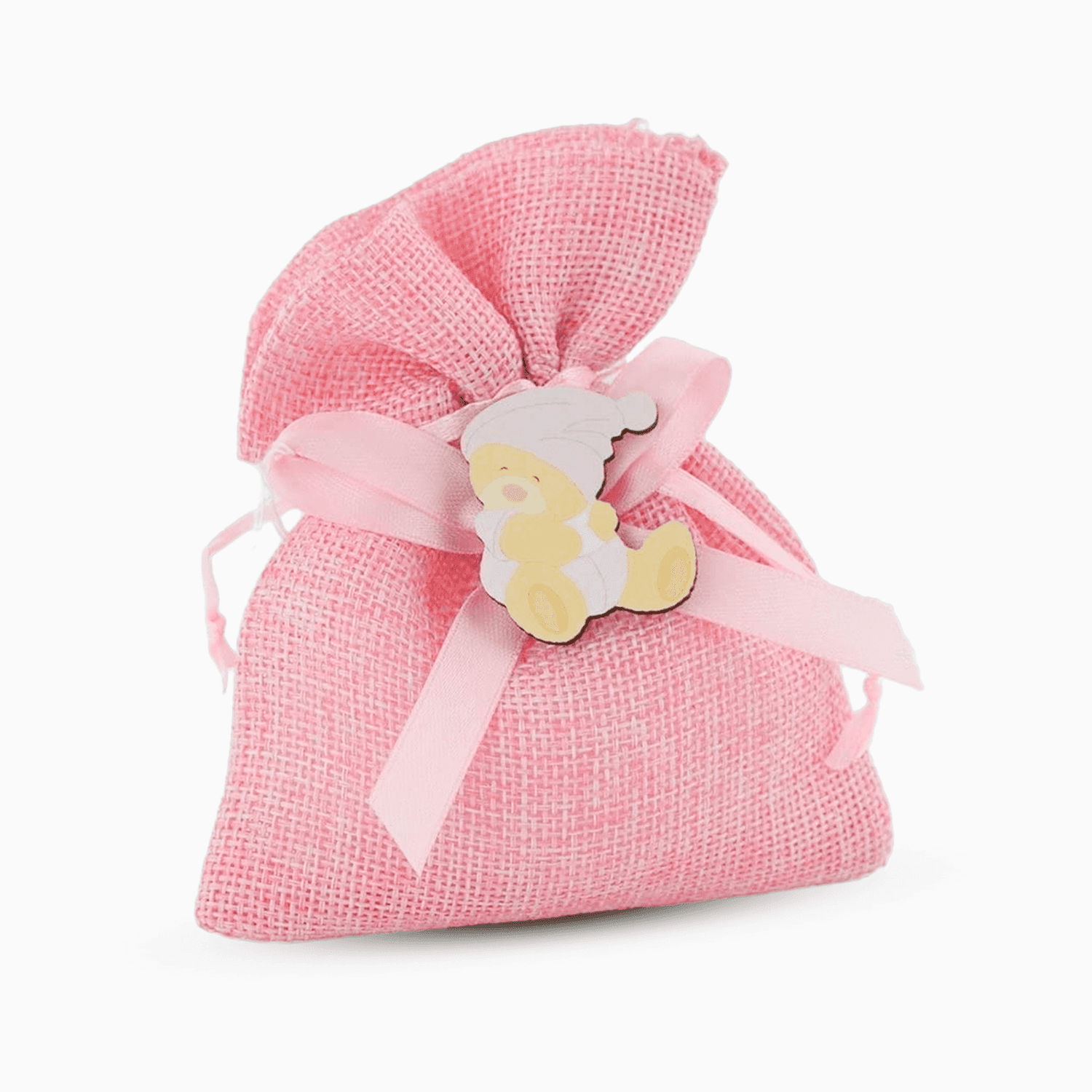 Sacchetto Portaconfetti Rosa in Tessuto juta Rosa con Nastro e Applicazione Orso Tazza Portaconfetti Albalu Bomboniere