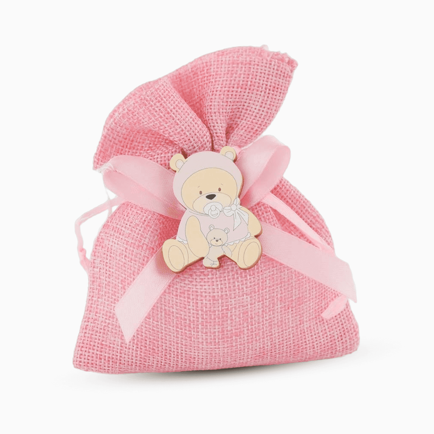 Sacchetto Portaconfetti Rosa in Tessuto juta con Nastro e Applicazione Orso Peluche Portaconfetti Albalu Bomboniere