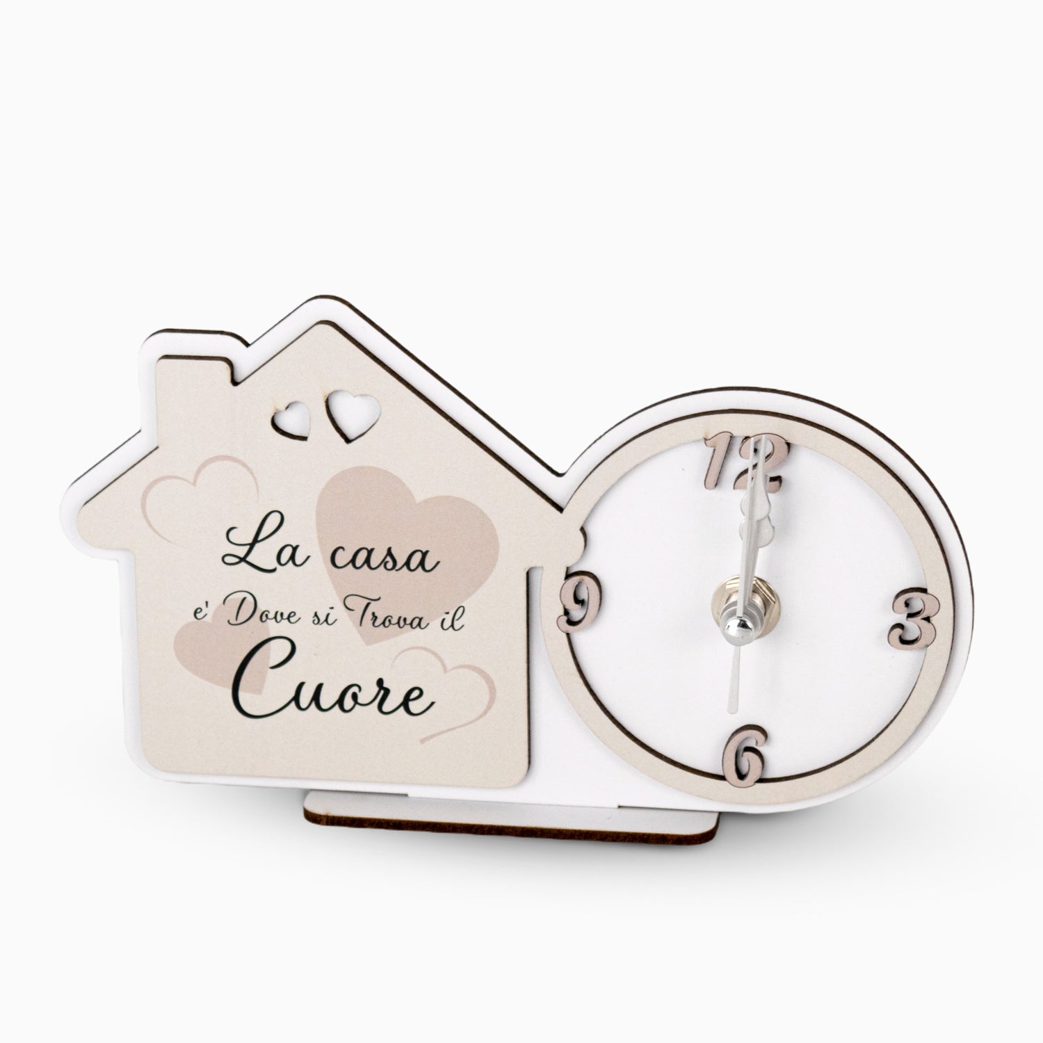 Bomboniera Orologio Casetta in Legno con Frase motivazionale di Design Amore, Casa e Felicità