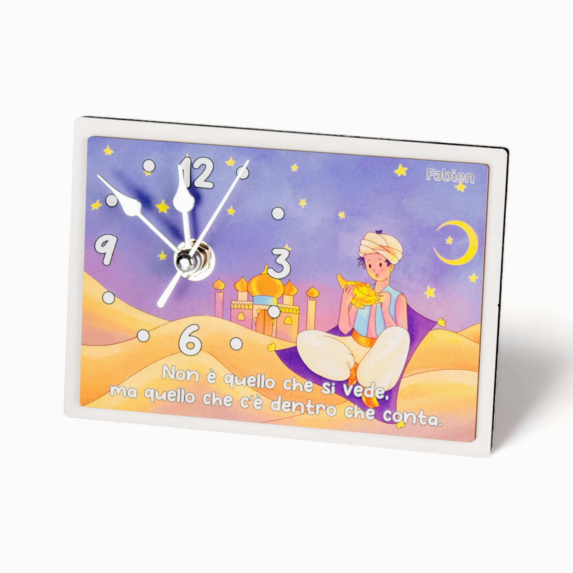 Bomboniera Orologio Fiabe Piccolo Principe, Dumbo, Sirenetta, Biancaneve Aladdin in Legno Laccato da appoggio