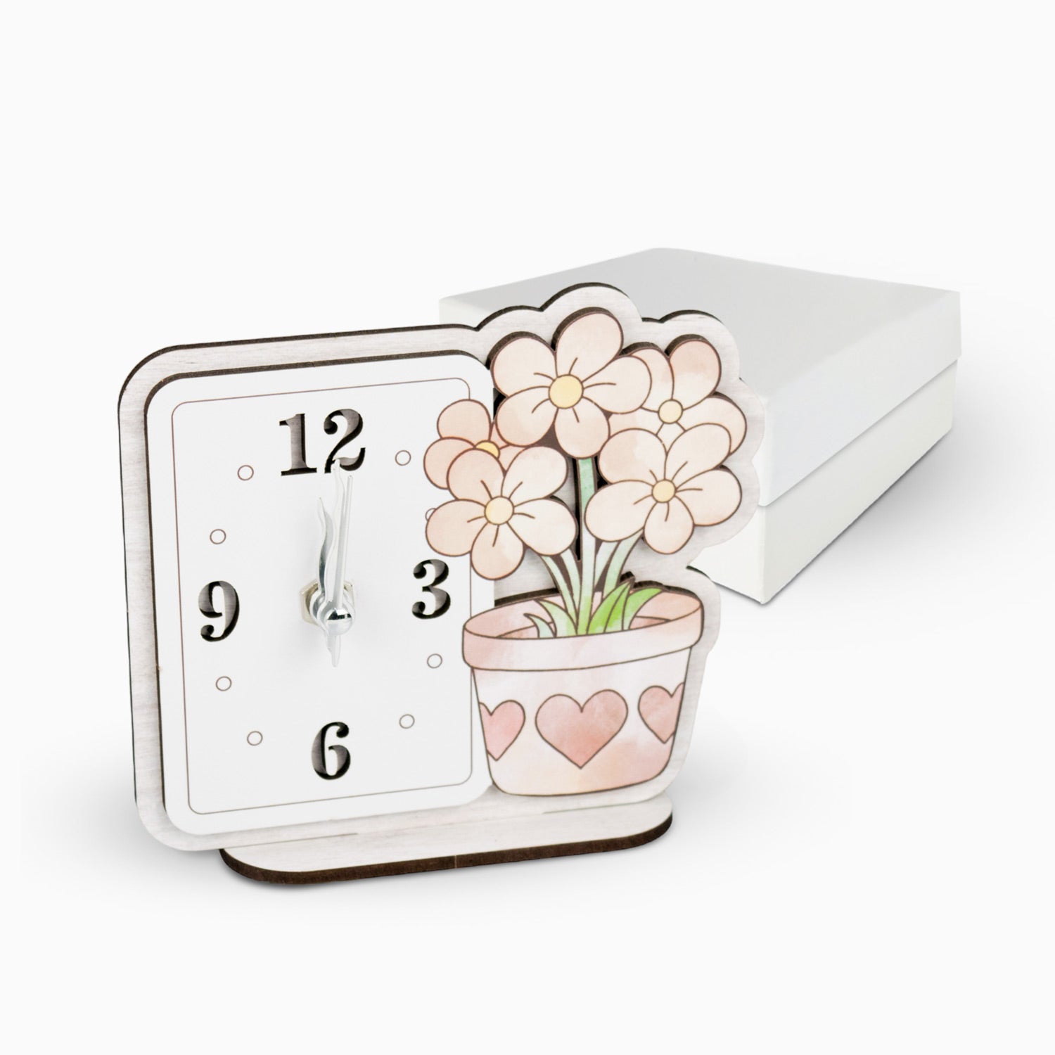 Bomboniera Orologio Fiori in Vaso Sagomato Bianco in Legno Orologi Albalu Bomboniere