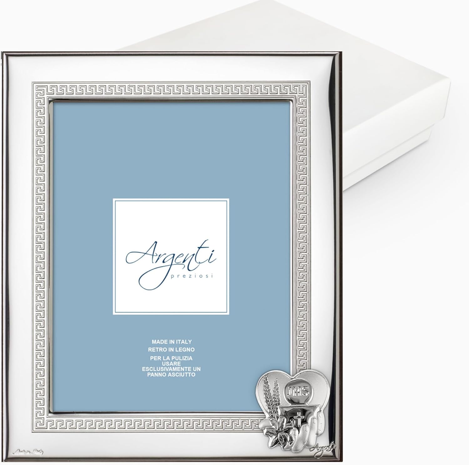 Portafoto in Argento Laminato con retro in Legno e Applicazione Comunione Calice Eucarestia Cornici Portafoto Albalu Bomboniere